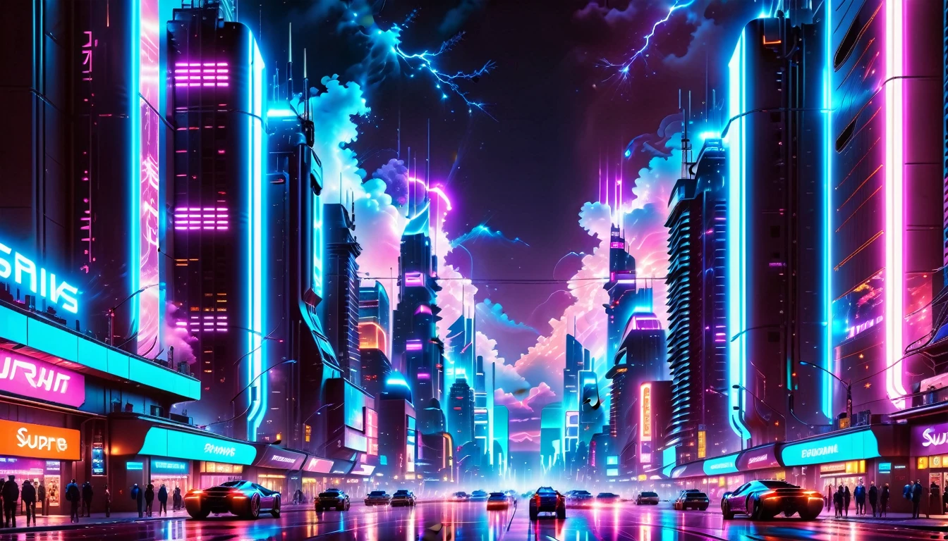 A Masterpiece In 32K Resolution, Supreme Quality, Super Detail, Official Art, Very High-Resolution 32K Wallpaper, Beautiful And Futuristic, Ultra-Detailed Features, Awe-Inspiring Detail. Neon-Lit, Cyberpunk Metropolis Set On A High-Tech, Advanced Planet.
The Scene Presents A Sprawling Cityscape Filled With Towering Skyscrapers, Bathed In A Glow Of Neon Lights. The Streets Are Alive With Flying Vehicles, Holographic Billboards, And Bustling Crowds Of Futuristic Beings. A Massive, Glowing Planet Hovers Above The City, Its Surface Reflecting The Neon Light Of The Metropolis Below. The Sky Is Filled With Swirling Clouds Of Bright Blues And Purples, Enhanced By The Luminescence Of Electric Circuits And Energy Grids. The Atmosphere Feels Vibrant, High-Tech, And Energetic, With A Sharp, Dynamic Quality Brought By The Use Of Long Exposure. Neon Blues, Purples, And Pinks Dominate The Scene, Creating A Vivid, Modern Aesthetic That Fuses Sci-Fi With Reality.