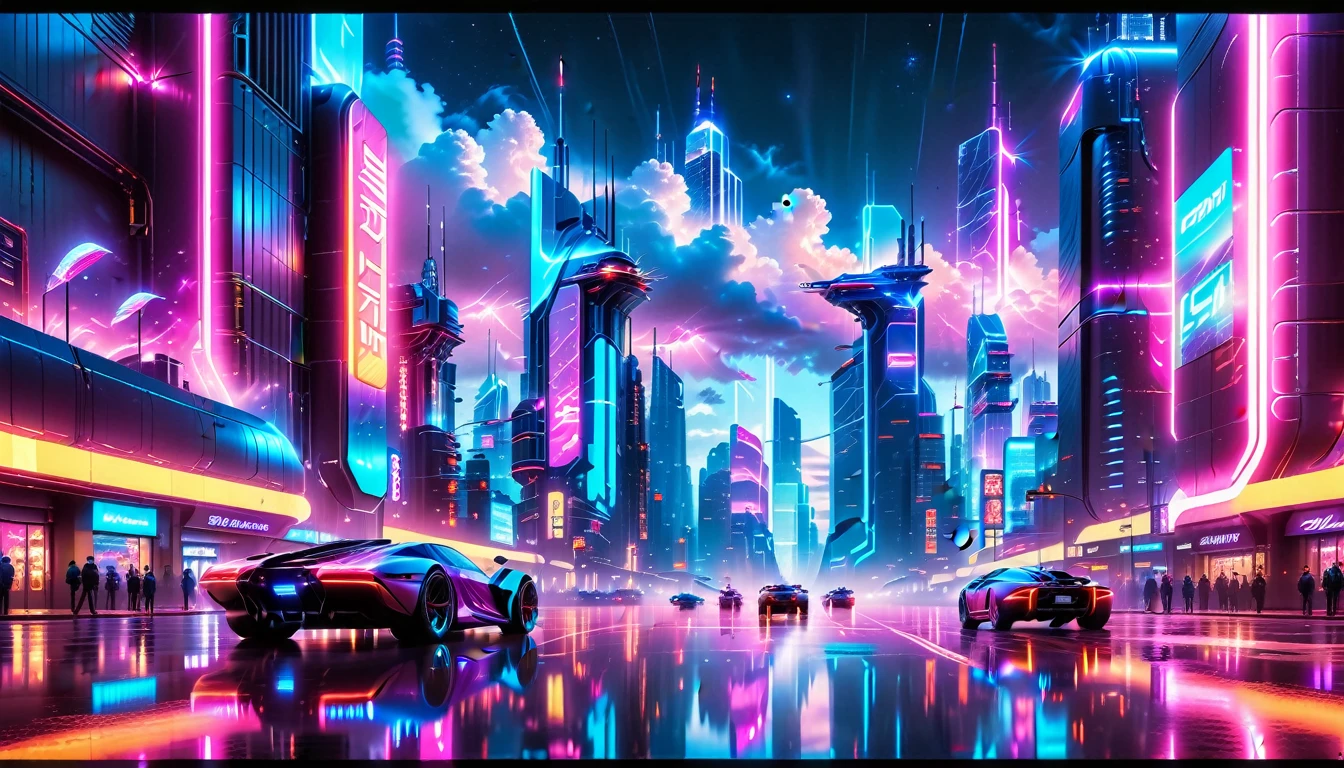 A Masterpiece In 32K Resolution, Supreme Quality, Super Detail, Official Art, Very High-Resolution 32K Wallpaper, Beautiful And Futuristic, Ultra-Detailed Features, Awe-Inspiring Detail. Neon-Lit, Cyberpunk Metropolis Set On A High-Tech, Advanced Planet.
The Scene Presents A Sprawling Cityscape Filled With Towering Skyscrapers, Bathed In A Glow Of Neon Lights. The Streets Are Alive With Flying Vehicles, Holographic Billboards, And Bustling Crowds Of Futuristic Beings. A Massive, Glowing Planet Hovers Above The City, Its Surface Reflecting The Neon Light Of The Metropolis Below. The Sky Is Filled With Swirling Clouds Of Bright Blues And Purples, Enhanced By The Luminescence Of Electric Circuits And Energy Grids. The Atmosphere Feels Vibrant, High-Tech, And Energetic, With A Sharp, Dynamic Quality Brought By The Use Of Long Exposure. Neon Blues, Purples, And Pinks Dominate The Scene, Creating A Vivid, Modern Aesthetic That Fuses Sci-Fi With Reality.