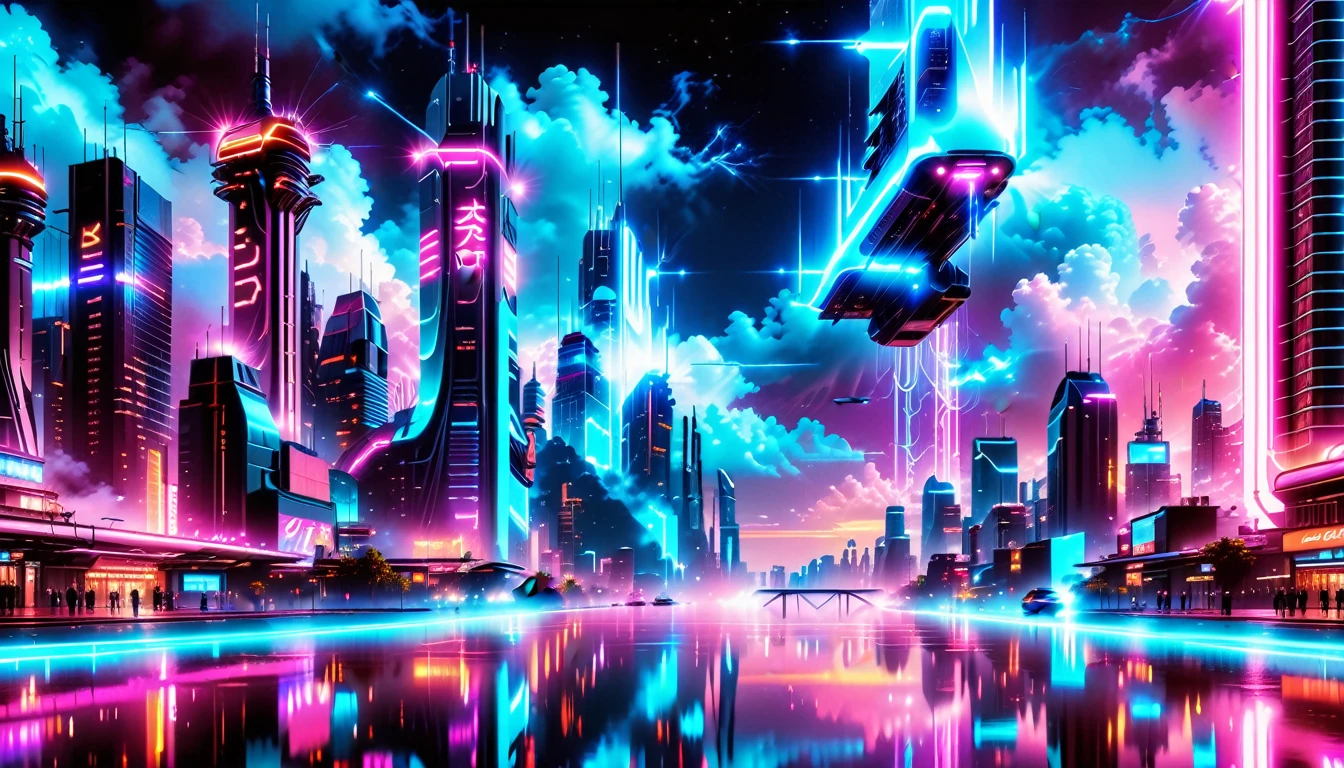 A Masterpiece In 32K Resolution, Supreme Quality, Super Detail, Official Art, Very High-Resolution 32K Wallpaper, Beautiful And Futuristic, Ultra-Detailed Features, Awe-Inspiring Detail. Neon-Lit, Cyberpunk Metropolis Set On A High-Tech, Advanced Planet.
The Scene Presents A Sprawling Cityscape Filled With Towering Skyscrapers, Bathed In A Glow Of Neon Lights. The Streets Are Alive With Flying Vehicles, Holographic Billboards, And Bustling Crowds Of Futuristic Beings. A Massive, Glowing Planet Hovers Above The City, Its Surface Reflecting The Neon Light Of The Metropolis Below. The Sky Is Filled With Swirling Clouds Of Bright Blues And Purples, Enhanced By The Luminescence Of Electric Circuits And Energy Grids. The Atmosphere Feels Vibrant, High-Tech, And Energetic, With A Sharp, Dynamic Quality Brought By The Use Of Long Exposure. Neon Blues, Purples, And Pinks Dominate The Scene, Creating A Vivid, Modern Aesthetic That Fuses Sci-Fi With Reality.