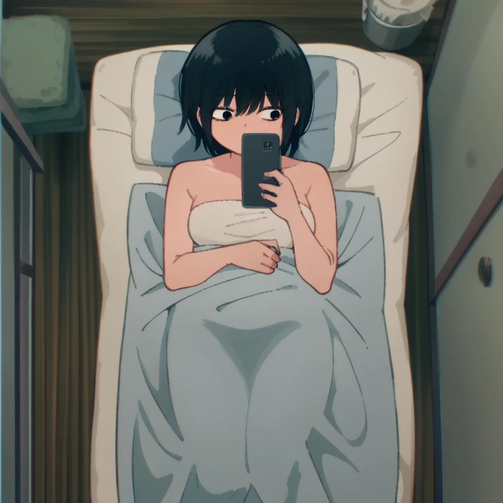 score_9, score_8_above, 1 , wrapped in a towel, medium breasts, holding phone