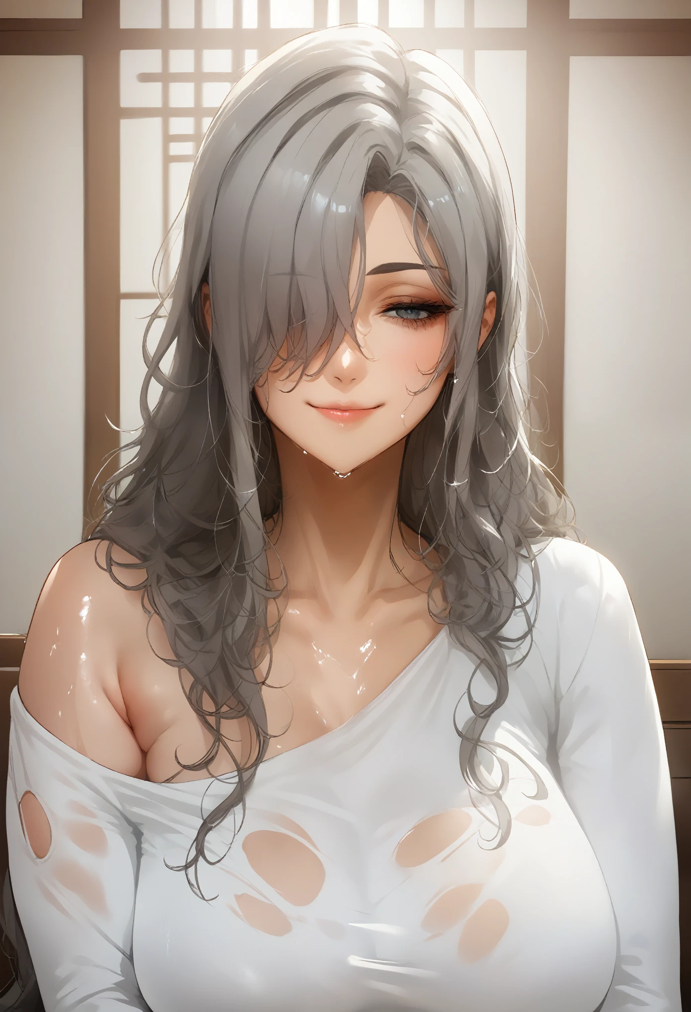 A beautiful woman, Perfect body, huge oppai, Show one shoulder, Sitting in the room, The sun was shining on her, Wearing a long-sleeved white shirt, grey hair, streaked hair, long hair, hair strand, hair over one eye, wet hair, half-closed eyes, nervous smile, expressionless eyes, chiaroscuro, drop shadow, anime style, UHD, masterpiece, accurate, anatomically correct, textured skin, super detail, highres, award winning, 1080P, 16k