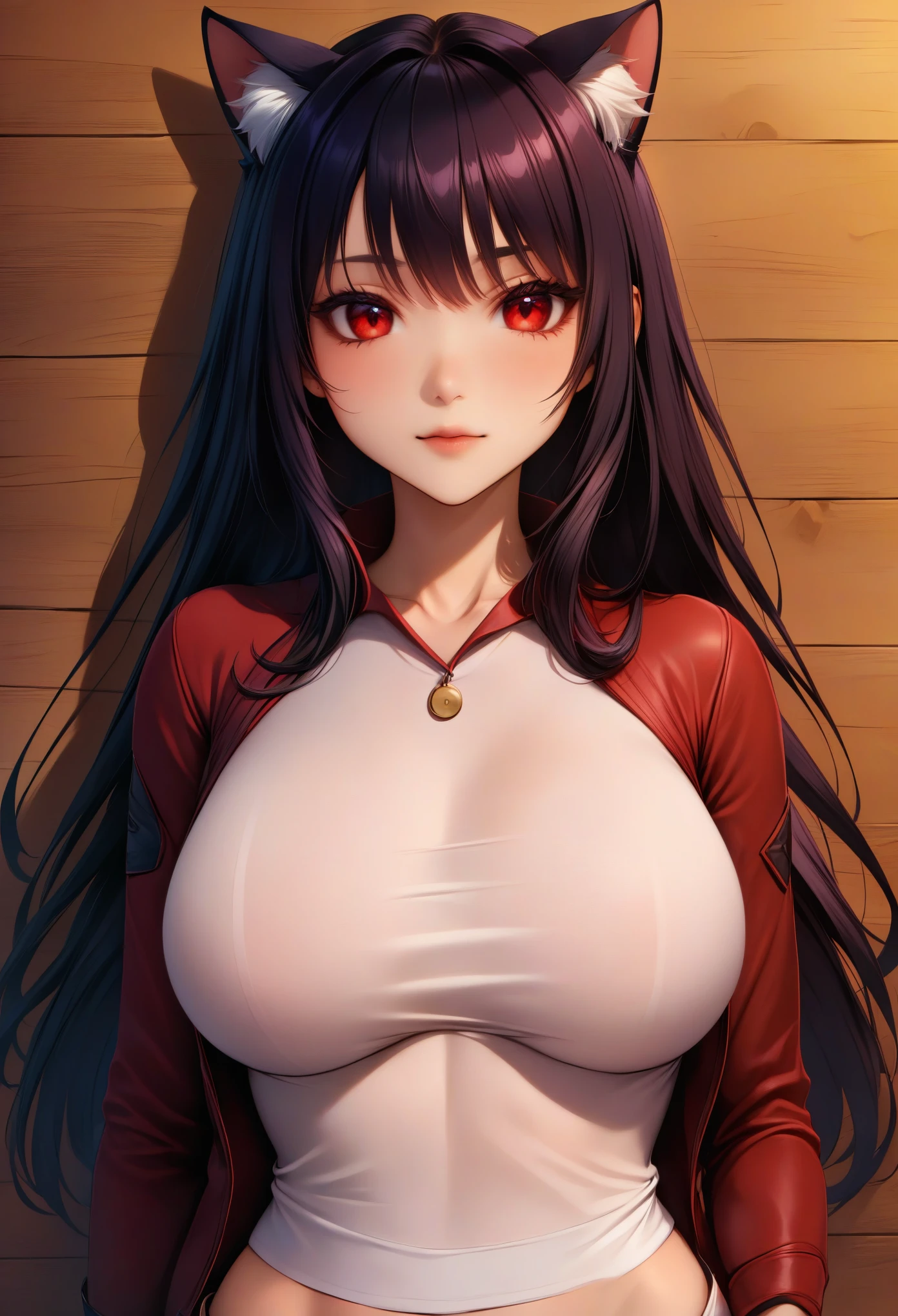 medium mouse pad, upper body, Alone, 1 girl, (junkotvvxl black hair, cat ears, red eyes) \(destination\), destination \(series\), expressionless, looking at the viewer, big breasts 