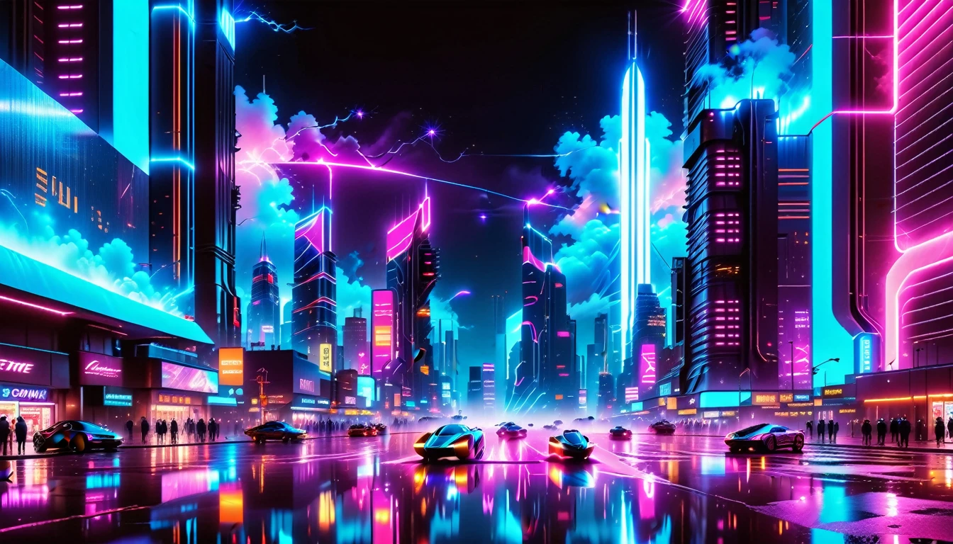 A Masterpiece In 32K Resolution, Supreme Quality, Super Detail, Official Art, Very High-Resolution 32K Wallpaper, Beautiful And Futuristic, Ultra-Detailed Features, Awe-Inspiring Detail. Neon-Lit, Cyberpunk Metropolis Set On A High-Tech, Advanced Planet.
The Scene Presents A Sprawling Cityscape Filled With Towering Skyscrapers, Bathed In A Glow Of Neon Lights. The Streets Are Alive With Flying Vehicles, Holographic Billboards, And Bustling Crowds Of Futuristic Beings. A Massive, Glowing Planet Hovers Above The City, Its Surface Reflecting The Neon Light Of The Metropolis Below. The Sky Is Filled With Swirling Clouds Of Bright Blues And Purples, Enhanced By The Luminescence Of Electric Circuits And Energy Grids. The Atmosphere Feels Vibrant, High-Tech, And Energetic, With A Sharp, Dynamic Quality Brought By The Use Of Long Exposure. Neon Blues, Purples, And Pinks Dominate The Scene, Creating A Vivid, Modern Aesthetic That Fuses Sci-Fi With Reality.