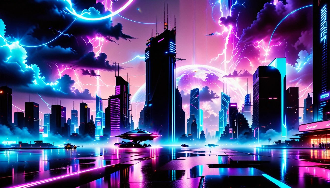 A Masterpiece In 32K Resolution, Supreme Quality, Super Detail, Official Art, Very High-Resolution 32K Wallpaper, Beautiful And Futuristic, Ultra-Detailed Features, Awe-Inspiring Detail. Neon-Lit, Cyberpunk Metropolis Set On A High-Tech, Advanced Planet.
The Scene Presents A Sprawling Cityscape Filled With Towering Skyscrapers, Bathed In A Glow Of Neon Lights. The Streets Are Alive With Flying Vehicles, Holographic Billboards, And Bustling Crowds Of Futuristic Beings. A Massive, Glowing Planet Hovers Above The City, Its Surface Reflecting The Neon Light Of The Metropolis Below. The Sky Is Filled With Swirling Clouds Of Bright Blues And Purples, Enhanced By The Luminescence Of Electric Circuits And Energy Grids. The Atmosphere Feels Vibrant, High-Tech, And Energetic, With A Sharp, Dynamic Quality Brought By The Use Of Long Exposure. Neon Blues, Purples, And Pinks Dominate The Scene, Creating A Vivid, Modern Aesthetic That Fuses Sci-Fi With Reality.