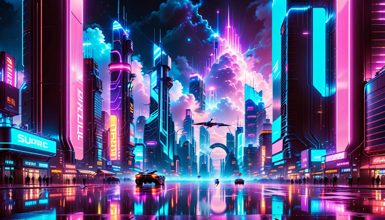 A Masterpiece In 32K Resolution, Supreme Quality, Super Detail, Official Art, Very High-Resolution 32K Wallpaper, Beautiful And Futuristic, Ultra-Detailed Features, Awe-Inspiring Detail. Neon-Lit, Cyberpunk Metropolis Set On A High-Tech, Advanced Planet.
The Scene Presents A Sprawling Cityscape Filled With Towering Skyscrapers, Bathed In A Glow Of Neon Lights. The Streets Are Alive With Flying Vehicles, Holographic Billboards, And Bustling Crowds Of Futuristic Beings. A Massive, Glowing Planet Hovers Above The City, Its Surface Reflecting The Neon Light Of The Metropolis Below. The Sky Is Filled With Swirling Clouds Of Bright Blues And Purples, Enhanced By The Luminescence Of Electric Circuits And Energy Grids. The Atmosphere Feels Vibrant, High-Tech, And Energetic, With A Sharp, Dynamic Quality Brought By The Use Of Long Exposure. Neon Blues, Purples, And Pinks Dominate The Scene, Creating A Vivid, Modern Aesthetic That Fuses Sci-Fi With Reality.