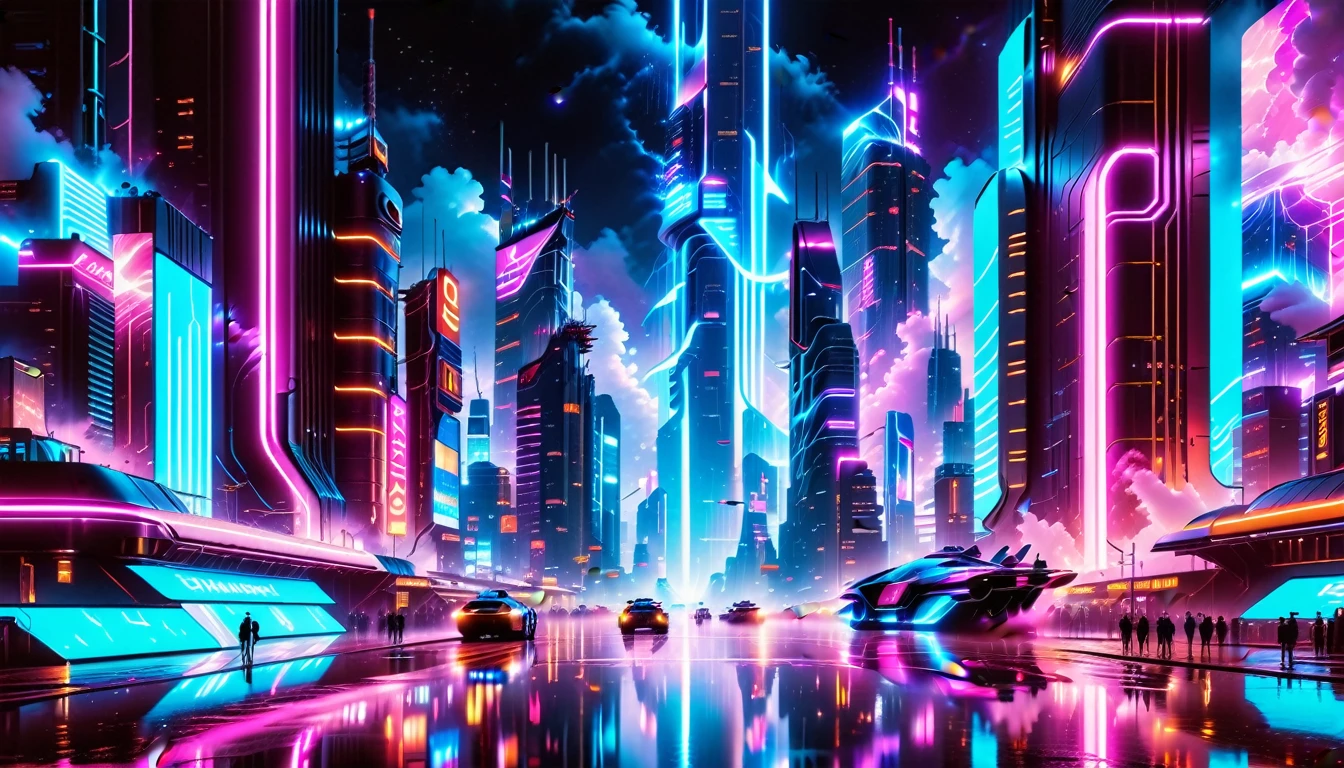 A Masterpiece In 32K Resolution, Supreme Quality, Super Detail, Official Art, Very High-Resolution 32K Wallpaper, Beautiful And Futuristic, Ultra-Detailed Features, Awe-Inspiring Detail. Neon-Lit, Cyberpunk Metropolis Set On A High-Tech, Advanced Planet.
The Scene Presents A Sprawling Cityscape Filled With Towering Skyscrapers, Bathed In A Glow Of Neon Lights. The Streets Are Alive With Flying Vehicles, Holographic Billboards, And Bustling Crowds Of Futuristic Beings. A Massive, Glowing Planet Hovers Above The City, Its Surface Reflecting The Neon Light Of The Metropolis Below. The Sky Is Filled With Swirling Clouds Of Bright Blues And Purples, Enhanced By The Luminescence Of Electric Circuits And Energy Grids. The Atmosphere Feels Vibrant, High-Tech, And Energetic, With A Sharp, Dynamic Quality Brought By The Use Of Long Exposure. Neon Blues, Purples, And Pinks Dominate The Scene, Creating A Vivid, Modern Aesthetic That Fuses Sci-Fi With Reality.