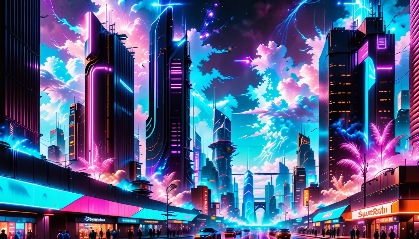 A Masterpiece In 32K Resolution, Supreme Quality, Super Detail, Official Art, Very High-Resolution 32K Wallpaper, Beautiful And Futuristic, Ultra-Detailed Features, Awe-Inspiring Detail. Neon-Lit, Cyberpunk Metropolis Set On A High-Tech, Advanced Planet.
The Scene Presents A Sprawling Cityscape Filled With Towering Skyscrapers, Bathed In A Glow Of Neon Lights. The Streets Are Alive With Flying Vehicles, Holographic Billboards, And Bustling Crowds Of Futuristic Beings. A Massive, Glowing Planet Hovers Above The City, Its Surface Reflecting The Neon Light Of The Metropolis Below. The Sky Is Filled With Swirling Clouds Of Bright Blues And Purples, Enhanced By The Luminescence Of Electric Circuits And Energy Grids. The Atmosphere Feels Vibrant, High-Tech, And Energetic, With A Sharp, Dynamic Quality Brought By The Use Of Long Exposure. Neon Blues, Purples, And Pinks Dominate The Scene, Creating A Vivid, Modern Aesthetic That Fuses Sci-Fi With Reality.