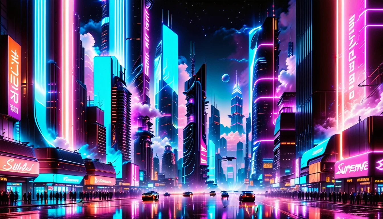 A Masterpiece In 32K Resolution, Supreme Quality, Super Detail, Official Art, Very High-Resolution 32K Wallpaper, Beautiful And Futuristic, Ultra-Detailed Features, Awe-Inspiring Detail. Neon-Lit, Cyberpunk Metropolis Set On A High-Tech, Advanced Planet.
The Scene Presents A Sprawling Cityscape Filled With Towering Skyscrapers, Bathed In A Glow Of Neon Lights. The Streets Are Alive With Flying Vehicles, Holographic Billboards, And Bustling Crowds Of Futuristic Beings. A Massive, Glowing Planet Hovers Above The City, Its Surface Reflecting The Neon Light Of The Metropolis Below. The Sky Is Filled With Swirling Clouds Of Bright Blues And Purples, Enhanced By The Luminescence Of Electric Circuits And Energy Grids. The Atmosphere Feels Vibrant, High-Tech, And Energetic, With A Sharp, Dynamic Quality Brought By The Use Of Long Exposure. Neon Blues, Purples, And Pinks Dominate The Scene, Creating A Vivid, Modern Aesthetic That Fuses Sci-Fi With Reality.