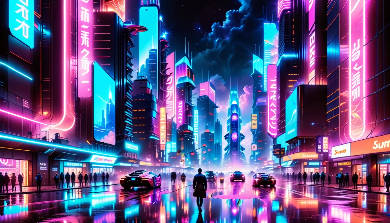 A Masterpiece In 32K Resolution, Supreme Quality, Super Detail, Official Art, Very High-Resolution 32K Wallpaper, Beautiful And Futuristic, Ultra-Detailed Features, Awe-Inspiring Detail. Neon-Lit, Cyberpunk Metropolis Set On A High-Tech, Advanced Planet.
The Scene Presents A Sprawling Cityscape Filled With Towering Skyscrapers, Bathed In A Glow Of Neon Lights. The Streets Are Alive With Flying Vehicles, Holographic Billboards, And Bustling Crowds Of Futuristic Beings. A Massive, Glowing Planet Hovers Above The City, Its Surface Reflecting The Neon Light Of The Metropolis Below. The Sky Is Filled With Swirling Clouds Of Bright Blues And Purples, Enhanced By The Luminescence Of Electric Circuits And Energy Grids. The Atmosphere Feels Vibrant, High-Tech, And Energetic, With A Sharp, Dynamic Quality Brought By The Use Of Long Exposure. Neon Blues, Purples, And Pinks Dominate The Scene, Creating A Vivid, Modern Aesthetic That Fuses Sci-Fi With Reality.