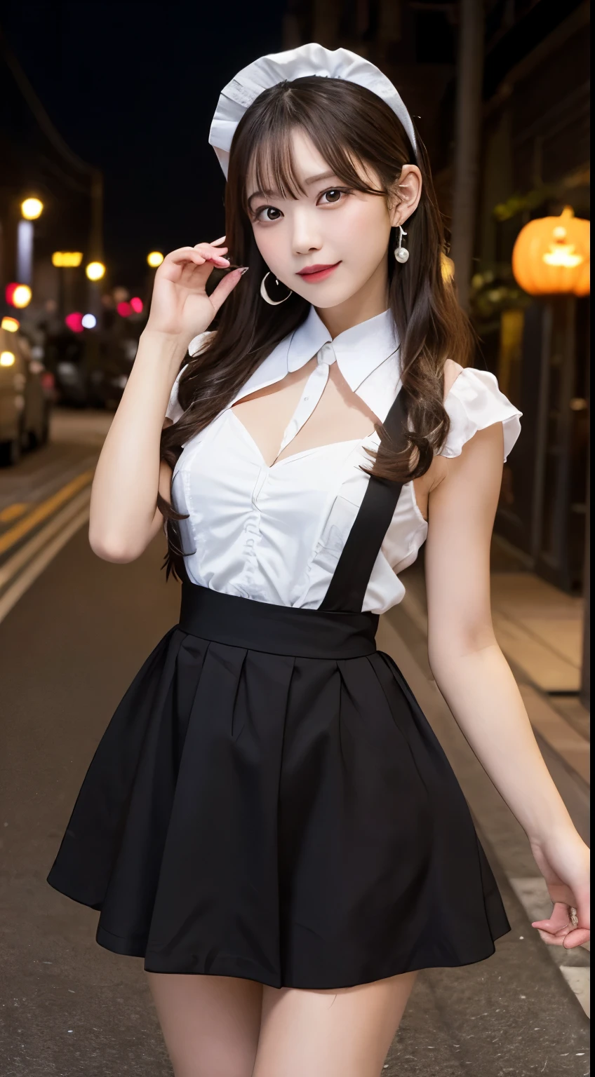 (Only 1 person)、Japanese office girl、Sexual charm、High heels、black、Outstanding body、Standing、Blouse with a fluttering chest、Professional portrait photography、Beautiful legs、Full body photo、Walking、mini skirt、office Street、Her underwear is visible、Short bob with slightly long bangs、Large Breasts、Too much exposed skin、Her blouse is transparent and her bra is visible