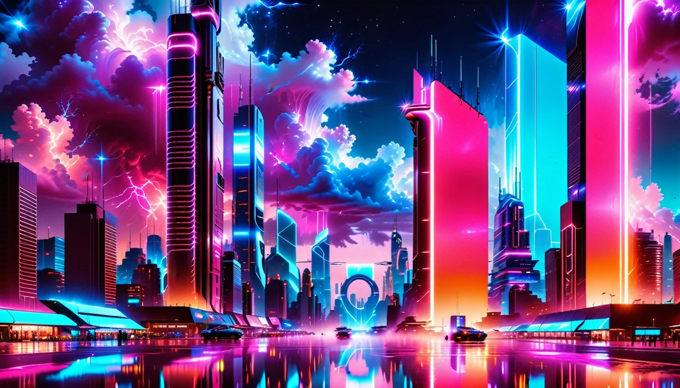 A Masterpiece In 32K Resolution, Supreme Quality, Super Detail, Official Art, Very High-Resolution 32K Wallpaper, Beautiful And Futuristic, Ultra-Detailed Features, Awe-Inspiring Detail. Neon-Lit, Cyberpunk Metropolis Set On A High-Tech, Advanced Planet.
The Scene Presents A Sprawling Cityscape Filled With Towering Skyscrapers, Bathed In A Glow Of Neon Lights. The Streets Are Alive With Flying Vehicles, Holographic Billboards, And Bustling Crowds Of Futuristic Beings. A Massive, Glowing Planet Hovers Above The City, Its Surface Reflecting The Neon Light Of The Metropolis Below. The Sky Is Filled With Swirling Clouds Of Bright Blues And Purples, Enhanced By The Luminescence Of Electric Circuits And Energy Grids. The Atmosphere Feels Vibrant, High-Tech, And Energetic, With A Sharp, Dynamic Quality Brought By The Use Of Long Exposure. Neon Blues, Purples, And Pinks Dominate The Scene, Creating A Vivid, Modern Aesthetic That Fuses Sci-Fi With Reality.