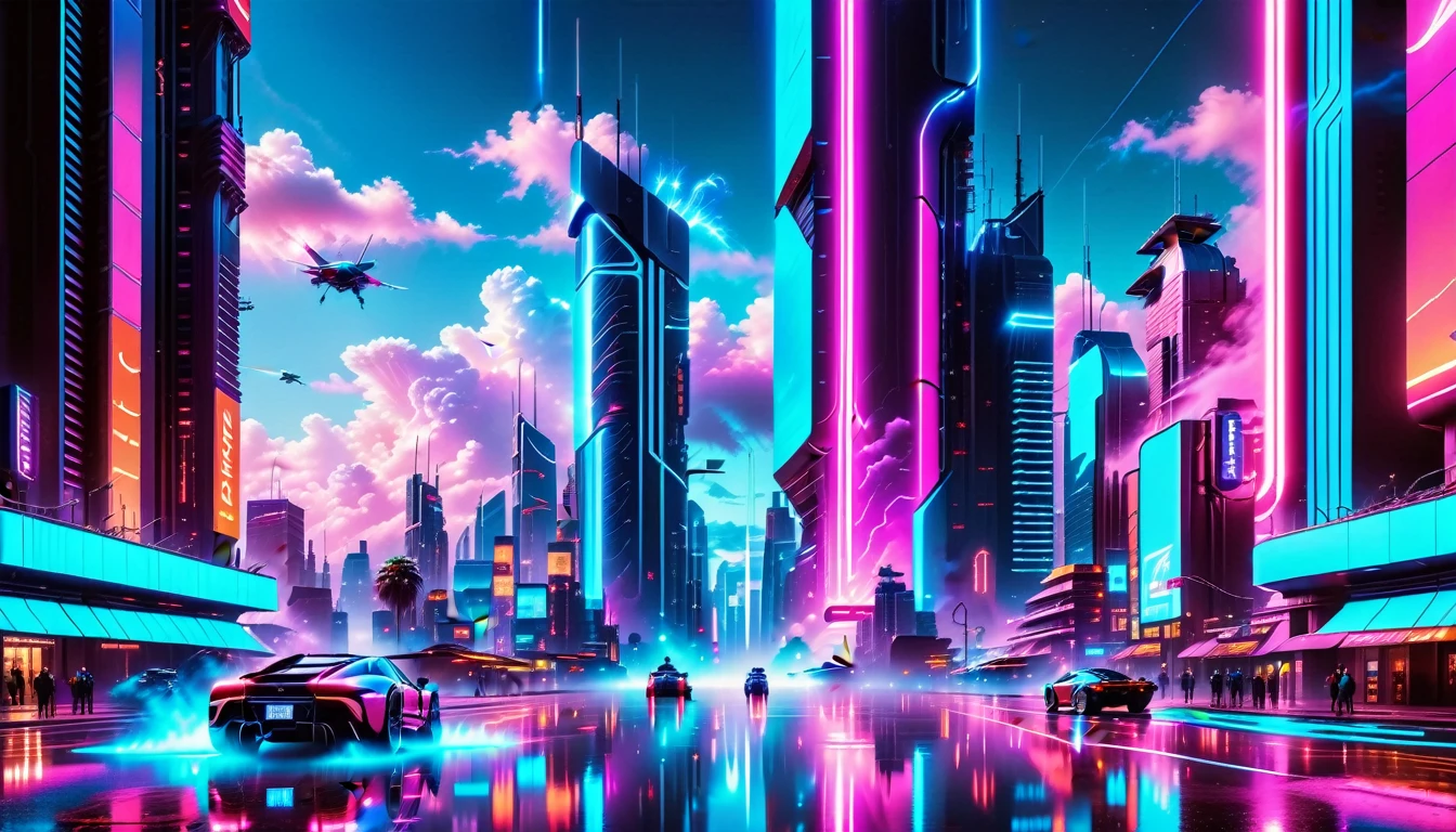 A Masterpiece In 32K Resolution, Supreme Quality, Super Detail, Official Art, Very High-Resolution 32K Wallpaper, Beautiful And Futuristic, Ultra-Detailed Features, Awe-Inspiring Detail. Neon-Lit, Cyberpunk Metropolis Set On A High-Tech, Advanced Planet.
The Scene Presents A Sprawling Cityscape Filled With Towering Skyscrapers, Bathed In A Glow Of Neon Lights. The Streets Are Alive With Flying Vehicles, Holographic Billboards, And Bustling Crowds Of Futuristic Beings. A Massive, Glowing Planet Hovers Above The City, Its Surface Reflecting The Neon Light Of The Metropolis Below. The Sky Is Filled With Swirling Clouds Of Bright Blues And Purples, Enhanced By The Luminescence Of Electric Circuits And Energy Grids. The Atmosphere Feels Vibrant, High-Tech, And Energetic, With A Sharp, Dynamic Quality Brought By The Use Of Long Exposure. Neon Blues, Purples, And Pinks Dominate The Scene, Creating A Vivid, Modern Aesthetic That Fuses Sci-Fi With Reality.