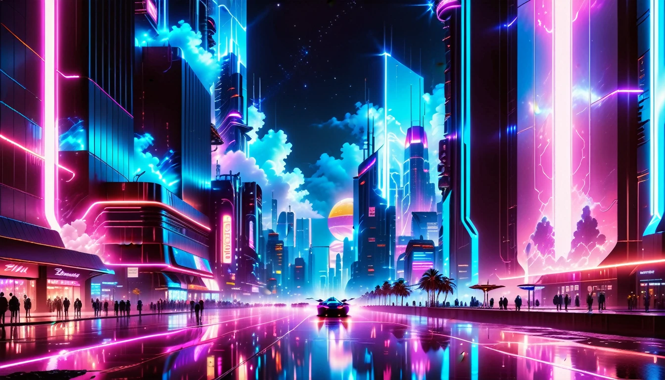 A Masterpiece In 32K Resolution, Supreme Quality, Super Detail, Official Art, Very High-Resolution 32K Wallpaper, Beautiful And Futuristic, Ultra-Detailed Features, Awe-Inspiring Detail. Neon-Lit, Cyberpunk Metropolis Set On A High-Tech, Advanced Planet.
The Scene Presents A Sprawling Cityscape Filled With Towering Skyscrapers, Bathed In A Glow Of Neon Lights. The Streets Are Alive With Flying Vehicles, Holographic Billboards, And Bustling Crowds Of Futuristic Beings. A Massive, Glowing Planet Hovers Above The City, Its Surface Reflecting The Neon Light Of The Metropolis Below. The Sky Is Filled With Swirling Clouds Of Bright Blues And Purples, Enhanced By The Luminescence Of Electric Circuits And Energy Grids. The Atmosphere Feels Vibrant, High-Tech, And Energetic, With A Sharp, Dynamic Quality Brought By The Use Of Long Exposure. Neon Blues, Purples, And Pinks Dominate The Scene, Creating A Vivid, Modern Aesthetic That Fuses Sci-Fi With Reality.