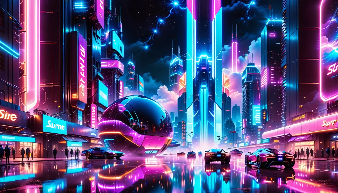 A Masterpiece In 32K Resolution, Supreme Quality, Super Detail, Official Art, Very High-Resolution 32K Wallpaper, Beautiful And Futuristic, Ultra-Detailed Features, Awe-Inspiring Detail. Neon-Lit, Cyberpunk Metropolis Set On A High-Tech, Advanced Planet.
The Scene Presents A Sprawling Cityscape Filled With Towering Skyscrapers, Bathed In A Glow Of Neon Lights. The Streets Are Alive With Flying Vehicles, Holographic Billboards, And Bustling Crowds Of Futuristic Beings. A Massive, Glowing Planet Hovers Above The City, Its Surface Reflecting The Neon Light Of The Metropolis Below. The Sky Is Filled With Swirling Clouds Of Bright Blues And Purples, Enhanced By The Luminescence Of Electric Circuits And Energy Grids. The Atmosphere Feels Vibrant, High-Tech, And Energetic, With A Sharp, Dynamic Quality Brought By The Use Of Long Exposure. Neon Blues, Purples, And Pinks Dominate The Scene, Creating A Vivid, Modern Aesthetic That Fuses Sci-Fi With Reality.