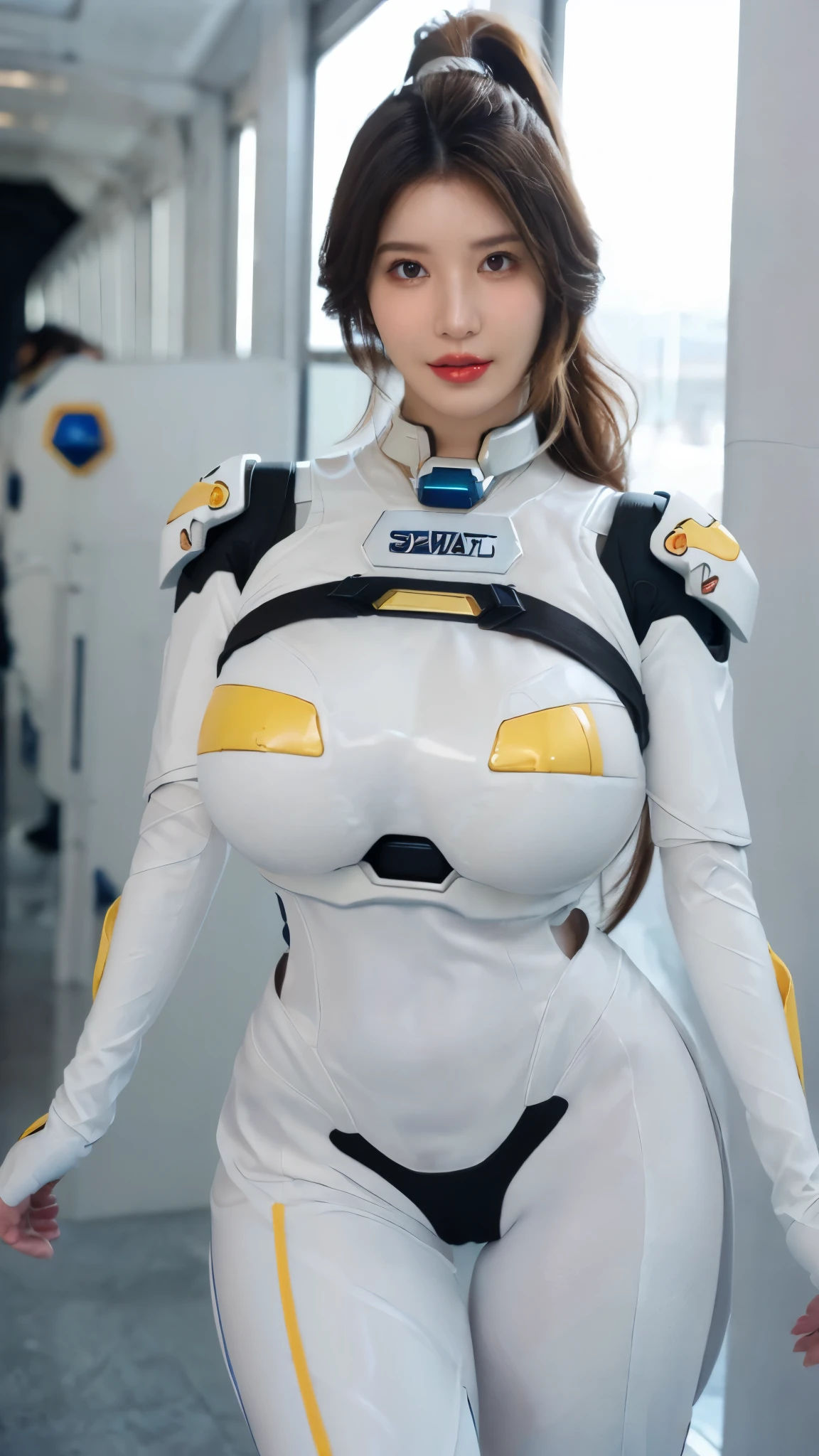 A beauty girl with (front wavy long ponytail hair:1.7), mecha_musume, (CLOSE UP UPPER BODY:0.8), ((COWBOY SHOT PORTRAIT:1)), ((CEAVAGE, HUGE FAKE BREASTS:1.5)), (MUSCLE ABS:1.3), ((MECHA GUARD ARM, MECHA GUARD SHOULDER CRYSTAL CORE:1.2)), (SHINY CRYSTAL CORE ON MECHA STARRY SKY ARMOR FORM OVERWATCH,BLACK MECHA TIGHT BATTLESUIT:1.5), (MUSCULAR HOURGLASS BODY SHAPE, GLOWING BODY PALE SKIN:1.5), (LOOKING AT VIEWER:1.5), (HALLWAY OF FUTURISTIC SPACE STATION:1.3), (BRIGHT LIGHT WHITE_ROOM:1.3), HYPER TEXTURE, UNREAL ENGINE RENDER, PHYSICALLY-BASED RENDERING, ULTRA HIGHT DEFINITION, 16K, DSLR, 1080P.