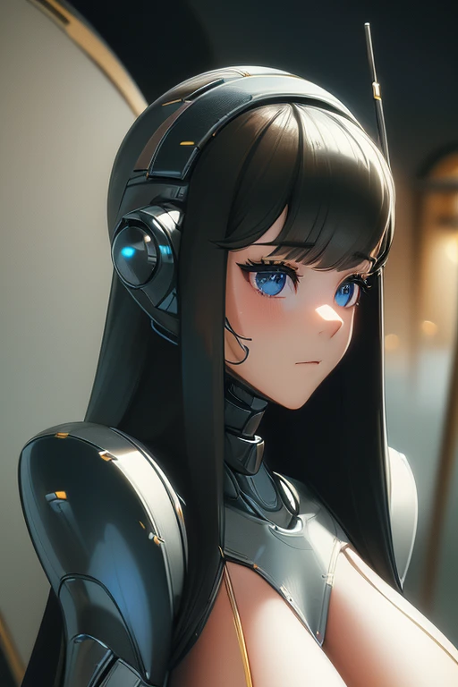 (masterpiece),(Best quality),(Very detailed),(Best illustration),(The best shadow),(It's absurd),(Detailed background),(So beautiful), 16k, 8k, 4K,(The best shadow),Robotization,female ,big breasts,Robot Joint ,Metal skin,Black robot suit,Long hair,Black suit covering the entire body Robot hand,Cyber Bodysuit,Mecha Head,Robotization, Transform into a robot,(Hands and fingers are depicted in detail:1.2),Perfect anatomy,Cybernetic Girl,Sci-Fi Armor,cyborg girl,The wires are connected to the back of the main unit...,No exposed skin,(A face carved like a robot),A neck made of wire,USB port next to the neck,visor,chrome skin,brainwashing,empty eyes, ((No expression,erasure of emotions))