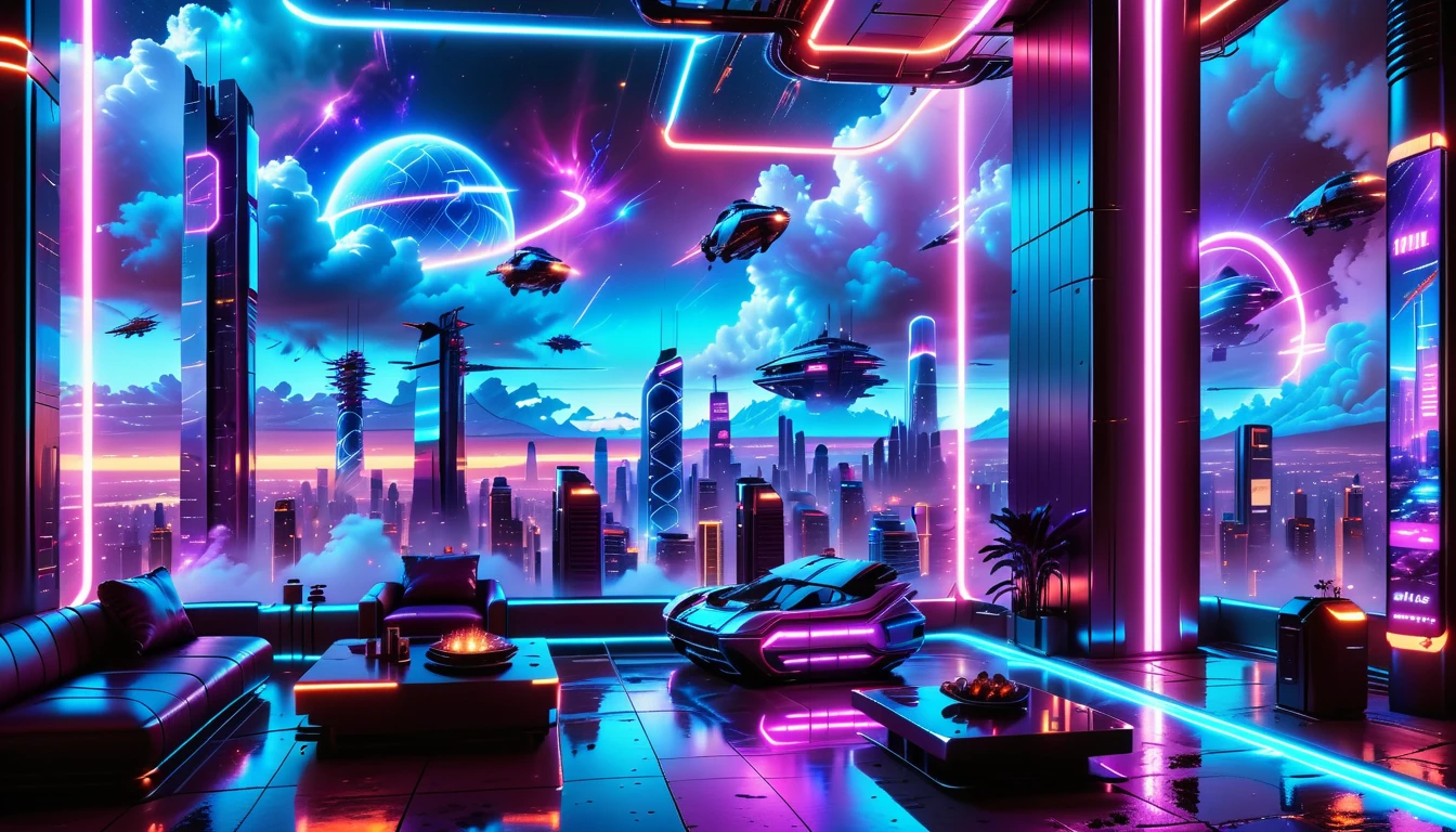 A Masterpiece In 32K Resolution, Supreme Quality, Super Detail, Official Art, Very High-Resolution 32K Wallpaper, Beautiful And Futuristic, Ultra-Detailed Features, Awe-Inspiring Detail. Neon-Lit, Cyberpunk Metropolis Set On A High-Tech, Advanced Planet.
The Scene Presents A Sprawling Cityscape Filled With Towering Skyscrapers, Bathed In A Glow Of Neon Lights. The Streets Are Alive With Flying Vehicles, Holographic Billboards, And Bustling Crowds Of Futuristic Beings. A Massive, Glowing Planet Hovers Above The City, Its Surface Reflecting The Neon Light Of The Metropolis Below. The Sky Is Filled With Swirling Clouds Of Bright Blues And Purples, Enhanced By The Luminescence Of Electric Circuits And Energy Grids. The Atmosphere Feels Vibrant, High-Tech, And Energetic, With A Sharp, Dynamic Quality Brought By The Use Of Long Exposure. Neon Blues, Purples, And Pinks Dominate The Scene, Creating A Vivid, Modern Aesthetic That Fuses Sci-Fi With Reality.