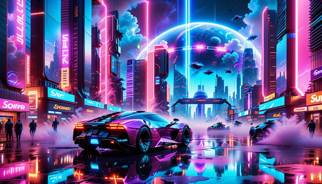 A Masterpiece In 32K Resolution, Supreme Quality, Super Detail, Official Art, Very High-Resolution 32K Wallpaper, Beautiful And Futuristic, Ultra-Detailed Features, Awe-Inspiring Detail. Neon-Lit, Cyberpunk Metropolis Set On A High-Tech, Advanced Planet.
The Scene Presents A Sprawling Cityscape Filled With Towering Skyscrapers, Bathed In A Glow Of Neon Lights. The Streets Are Alive With Flying Vehicles, Holographic Billboards, And Bustling Crowds Of Futuristic Beings. A Massive, Glowing Planet Hovers Above The City, Its Surface Reflecting The Neon Light Of The Metropolis Below. The Sky Is Filled With Swirling Clouds Of Bright Blues And Purples, Enhanced By The Luminescence Of Electric Circuits And Energy Grids. The Atmosphere Feels Vibrant, High-Tech, And Energetic, With A Sharp, Dynamic Quality Brought By The Use Of Long Exposure. Neon Blues, Purples, And Pinks Dominate The Scene, Creating A Vivid, Modern Aesthetic That Fuses Sci-Fi With Reality.