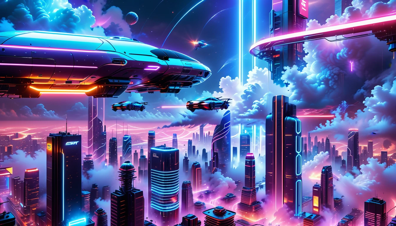 A Masterpiece In 32K Resolution, Supreme Quality, Super Detail, Official Art, Very High-Resolution 32K Wallpaper, Beautiful And Futuristic, Ultra-Detailed Features, Awe-Inspiring Detail. Neon-Lit, Cyberpunk Metropolis Set On A High-Tech, Advanced Planet.
The Scene Presents A Sprawling Cityscape Filled With Towering Skyscrapers, Bathed In A Glow Of Neon Lights. The Streets Are Alive With Flying Vehicles, Holographic Billboards, And Bustling Crowds Of Futuristic Beings. A Massive, Glowing Planet Hovers Above The City, Its Surface Reflecting The Neon Light Of The Metropolis Below. The Sky Is Filled With Swirling Clouds Of Bright Blues And Purples, Enhanced By The Luminescence Of Electric Circuits And Energy Grids. The Atmosphere Feels Vibrant, High-Tech, And Energetic, With A Sharp, Dynamic Quality Brought By The Use Of Long Exposure. Neon Blues, Purples, And Pinks Dominate The Scene, Creating A Vivid, Modern Aesthetic That Fuses Sci-Fi With Reality.