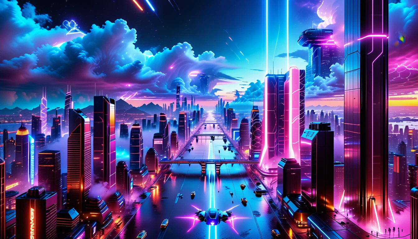 A Masterpiece In 32K Resolution, Supreme Quality, Super Detail, Official Art, Very High-Resolution 32K Wallpaper, Beautiful And Futuristic, Ultra-Detailed Features, Awe-Inspiring Detail. Neon-Lit, Cyberpunk Metropolis Set On A High-Tech, Advanced Planet.
The Scene Presents A Sprawling Cityscape Filled With Towering Skyscrapers, Bathed In A Glow Of Neon Lights. The Streets Are Alive With Flying Vehicles, Holographic Billboards, And Bustling Crowds Of Futuristic Beings. A Massive, Glowing Planet Hovers Above The City, Its Surface Reflecting The Neon Light Of The Metropolis Below. The Sky Is Filled With Swirling Clouds Of Bright Blues And Purples, Enhanced By The Luminescence Of Electric Circuits And Energy Grids. The Atmosphere Feels Vibrant, High-Tech, And Energetic, With A Sharp, Dynamic Quality Brought By The Use Of Long Exposure. Neon Blues, Purples, And Pinks Dominate The Scene, Creating A Vivid, Modern Aesthetic That Fuses Sci-Fi With Reality.