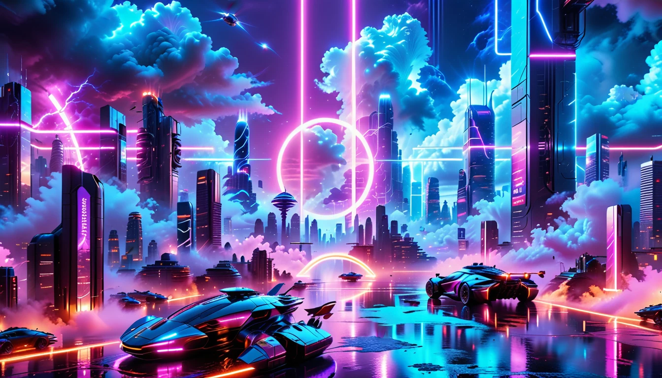 A Masterpiece In 32K Resolution, Supreme Quality, Super Detail, Official Art, Very High-Resolution 32K Wallpaper, Beautiful And Futuristic, Ultra-Detailed Features, Awe-Inspiring Detail. Neon-Lit, Cyberpunk Metropolis Set On A High-Tech, Advanced Planet.
The Scene Presents A Sprawling Cityscape Filled With Towering Skyscrapers, Bathed In A Glow Of Neon Lights. The Streets Are Alive With Flying Vehicles, Holographic Billboards, And Bustling Crowds Of Futuristic Beings. A Massive, Glowing Planet Hovers Above The City, Its Surface Reflecting The Neon Light Of The Metropolis Below. The Sky Is Filled With Swirling Clouds Of Bright Blues And Purples, Enhanced By The Luminescence Of Electric Circuits And Energy Grids. The Atmosphere Feels Vibrant, High-Tech, And Energetic, With A Sharp, Dynamic Quality Brought By The Use Of Long Exposure. Neon Blues, Purples, And Pinks Dominate The Scene, Creating A Vivid, Modern Aesthetic That Fuses Sci-Fi With Reality.