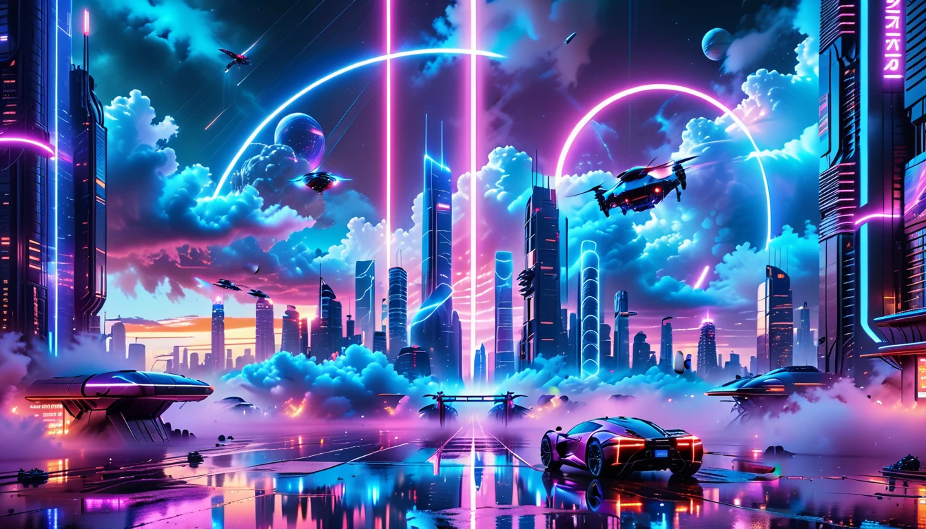 A Masterpiece In 32K Resolution, Supreme Quality, Super Detail, Official Art, Very High-Resolution 32K Wallpaper, Beautiful And Futuristic, Ultra-Detailed Features, Awe-Inspiring Detail. Neon-Lit, Cyberpunk Metropolis Set On A High-Tech, Advanced Planet.
The Scene Presents A Sprawling Cityscape Filled With Towering Skyscrapers, Bathed In A Glow Of Neon Lights. The Streets Are Alive With Flying Vehicles, Holographic Billboards, And Bustling Crowds Of Futuristic Beings. A Massive, Glowing Planet Hovers Above The City, Its Surface Reflecting The Neon Light Of The Metropolis Below. The Sky Is Filled With Swirling Clouds Of Bright Blues And Purples, Enhanced By The Luminescence Of Electric Circuits And Energy Grids. The Atmosphere Feels Vibrant, High-Tech, And Energetic, With A Sharp, Dynamic Quality Brought By The Use Of Long Exposure. Neon Blues, Purples, And Pinks Dominate The Scene, Creating A Vivid, Modern Aesthetic That Fuses Sci-Fi With Reality.