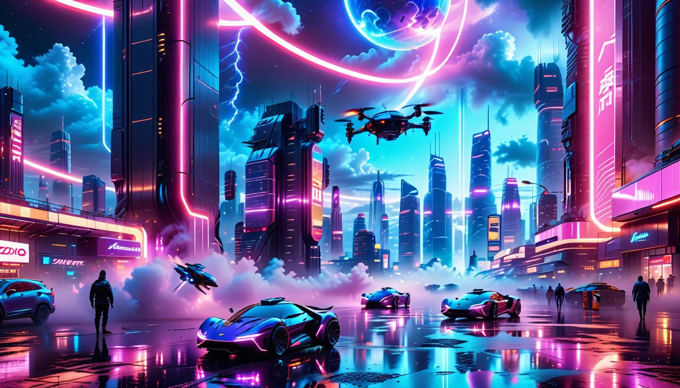 A Masterpiece In 32K Resolution, Supreme Quality, Super Detail, Official Art, Very High-Resolution 32K Wallpaper, Beautiful And Futuristic, Ultra-Detailed Features, Awe-Inspiring Detail. Neon-Lit, Cyberpunk Metropolis Set On A High-Tech, Advanced Planet.
The Scene Presents A Sprawling Cityscape Filled With Towering Skyscrapers, Bathed In A Glow Of Neon Lights. The Streets Are Alive With Flying Vehicles, Holographic Billboards, And Bustling Crowds Of Futuristic Beings. A Massive, Glowing Planet Hovers Above The City, Its Surface Reflecting The Neon Light Of The Metropolis Below. The Sky Is Filled With Swirling Clouds Of Bright Blues And Purples, Enhanced By The Luminescence Of Electric Circuits And Energy Grids. The Atmosphere Feels Vibrant, High-Tech, And Energetic, With A Sharp, Dynamic Quality Brought By The Use Of Long Exposure. Neon Blues, Purples, And Pinks Dominate The Scene, Creating A Vivid, Modern Aesthetic That Fuses Sci-Fi With Reality.