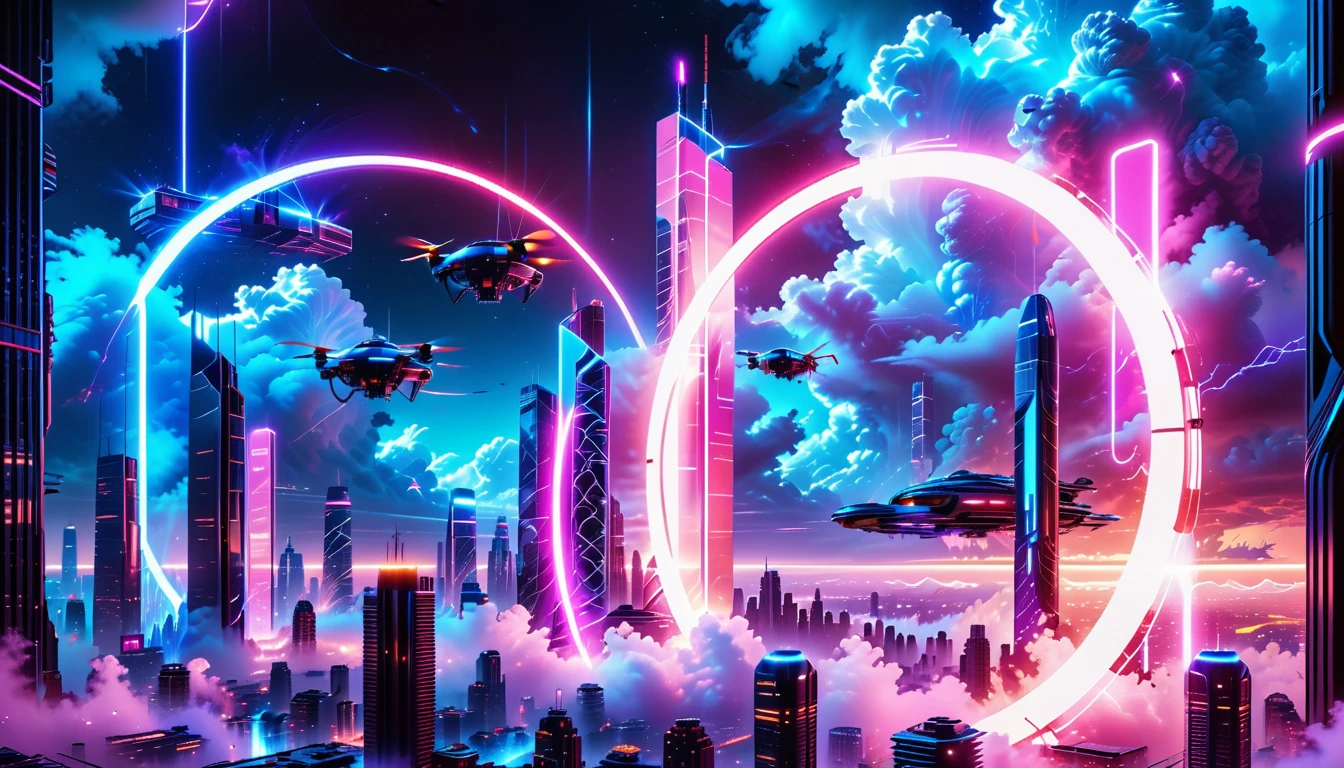 A Masterpiece In 32K Resolution, Supreme Quality, Super Detail, Official Art, Very High-Resolution 32K Wallpaper, Beautiful And Futuristic, Ultra-Detailed Features, Awe-Inspiring Detail. Neon-Lit, Cyberpunk Metropolis Set On A High-Tech, Advanced Planet.
The Scene Presents A Sprawling Cityscape Filled With Towering Skyscrapers, Bathed In A Glow Of Neon Lights. The Streets Are Alive With Flying Vehicles, Holographic Billboards, And Bustling Crowds Of Futuristic Beings. A Massive, Glowing Planet Hovers Above The City, Its Surface Reflecting The Neon Light Of The Metropolis Below. The Sky Is Filled With Swirling Clouds Of Bright Blues And Purples, Enhanced By The Luminescence Of Electric Circuits And Energy Grids. The Atmosphere Feels Vibrant, High-Tech, And Energetic, With A Sharp, Dynamic Quality Brought By The Use Of Long Exposure. Neon Blues, Purples, And Pinks Dominate The Scene, Creating A Vivid, Modern Aesthetic That Fuses Sci-Fi With Reality.