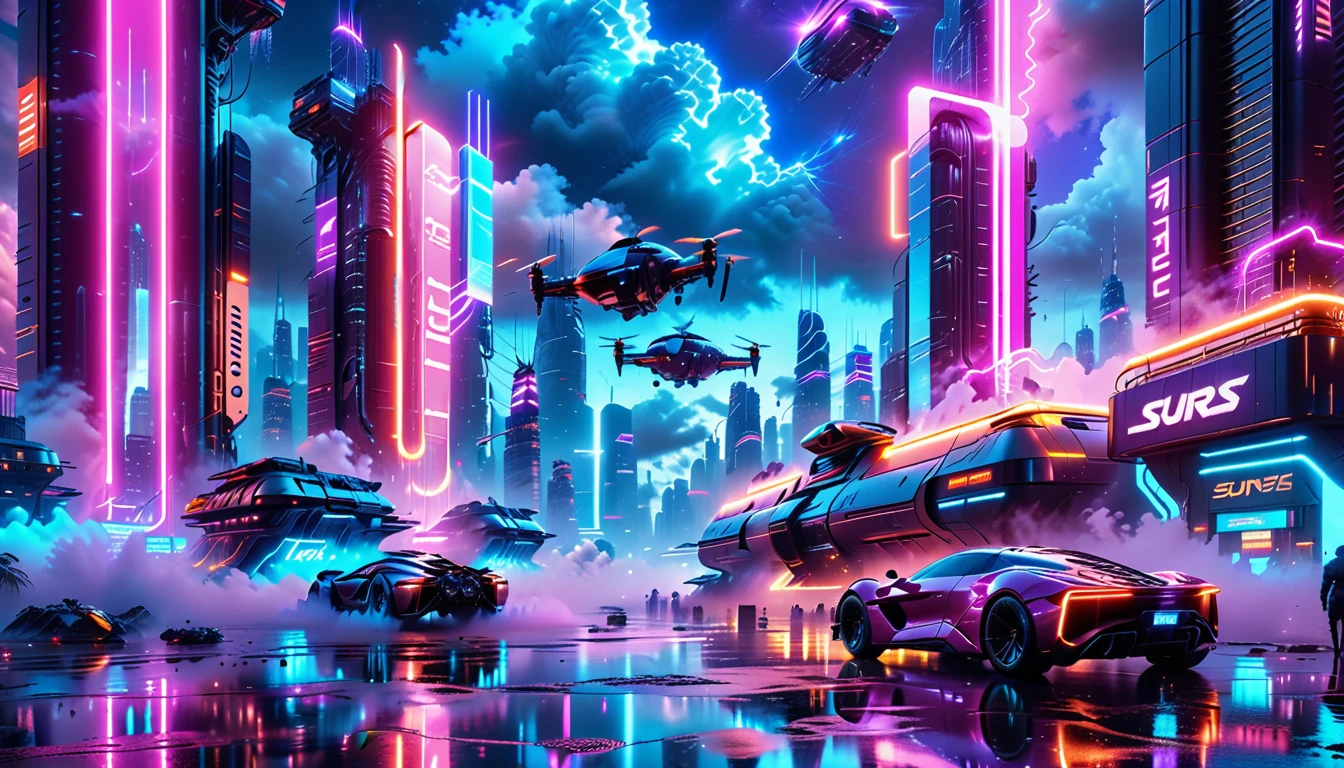 A Masterpiece In 32K Resolution, Supreme Quality, Super Detail, Official Art, Very High-Resolution 32K Wallpaper, Beautiful And Futuristic, Ultra-Detailed Features, Awe-Inspiring Detail. Neon-Lit, Cyberpunk Metropolis Set On A High-Tech, Advanced Planet.
The Scene Presents A Sprawling Cityscape Filled With Towering Skyscrapers, Bathed In A Glow Of Neon Lights. The Streets Are Alive With Flying Vehicles, Holographic Billboards, And Bustling Crowds Of Futuristic Beings. A Massive, Glowing Planet Hovers Above The City, Its Surface Reflecting The Neon Light Of The Metropolis Below. The Sky Is Filled With Swirling Clouds Of Bright Blues And Purples, Enhanced By The Luminescence Of Electric Circuits And Energy Grids. The Atmosphere Feels Vibrant, High-Tech, And Energetic, With A Sharp, Dynamic Quality Brought By The Use Of Long Exposure. Neon Blues, Purples, And Pinks Dominate The Scene, Creating A Vivid, Modern Aesthetic That Fuses Sci-Fi With Reality.