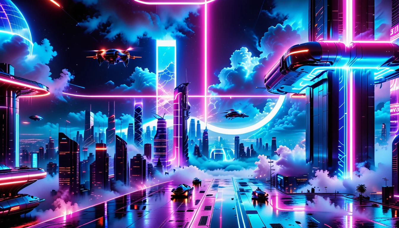 A Masterpiece In 32K Resolution, Supreme Quality, Super Detail, Official Art, Very High-Resolution 32K Wallpaper, Beautiful And Futuristic, Ultra-Detailed Features, Awe-Inspiring Detail. Neon-Lit, Cyberpunk Metropolis Set On A High-Tech, Advanced Planet.
The Scene Presents A Sprawling Cityscape Filled With Towering Skyscrapers, Bathed In A Glow Of Neon Lights. The Streets Are Alive With Flying Vehicles, Holographic Billboards, And Bustling Crowds Of Futuristic Beings. A Massive, Glowing Planet Hovers Above The City, Its Surface Reflecting The Neon Light Of The Metropolis Below. The Sky Is Filled With Swirling Clouds Of Bright Blues And Purples, Enhanced By The Luminescence Of Electric Circuits And Energy Grids. The Atmosphere Feels Vibrant, High-Tech, And Energetic, With A Sharp, Dynamic Quality Brought By The Use Of Long Exposure. Neon Blues, Purples, And Pinks Dominate The Scene, Creating A Vivid, Modern Aesthetic That Fuses Sci-Fi With Reality.