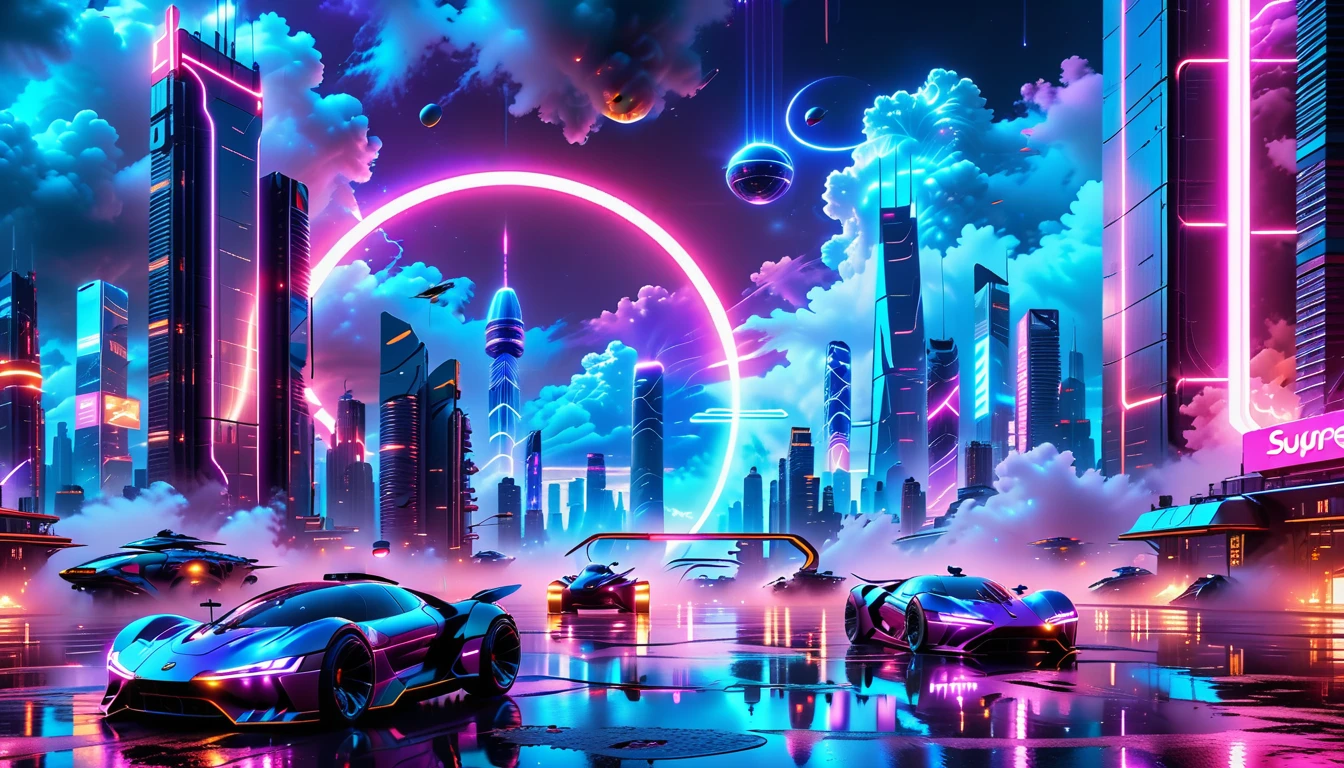 A Masterpiece In 32K Resolution, Supreme Quality, Super Detail, Official Art, Very High-Resolution 32K Wallpaper, Beautiful And Futuristic, Ultra-Detailed Features, Awe-Inspiring Detail. Neon-Lit, Cyberpunk Metropolis Set On A High-Tech, Advanced Planet.
The Scene Presents A Sprawling Cityscape Filled With Towering Skyscrapers, Bathed In A Glow Of Neon Lights. The Streets Are Alive With Flying Vehicles, Holographic Billboards, And Bustling Crowds Of Futuristic Beings. A Massive, Glowing Planet Hovers Above The City, Its Surface Reflecting The Neon Light Of The Metropolis Below. The Sky Is Filled With Swirling Clouds Of Bright Blues And Purples, Enhanced By The Luminescence Of Electric Circuits And Energy Grids. The Atmosphere Feels Vibrant, High-Tech, And Energetic, With A Sharp, Dynamic Quality Brought By The Use Of Long Exposure. Neon Blues, Purples, And Pinks Dominate The Scene, Creating A Vivid, Modern Aesthetic That Fuses Sci-Fi With Reality.