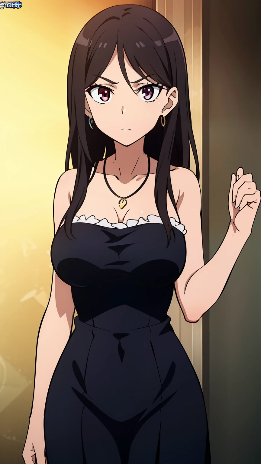 highest quality, 8K resolution, anime screen capture, anime color, anime key visual, one girl, cute, long black hair, 1, big breasts, (collarbone, necklace, earrings, party dress, frills, earrings, makeup, party hall:1.2), perfect anatomy, beautifully intricate face, intricately detailed eyes, beautiful fine hair, beautifully intricate body, beatiful intrigante breast, beautiful contour, vivid colors, vibrant lighting