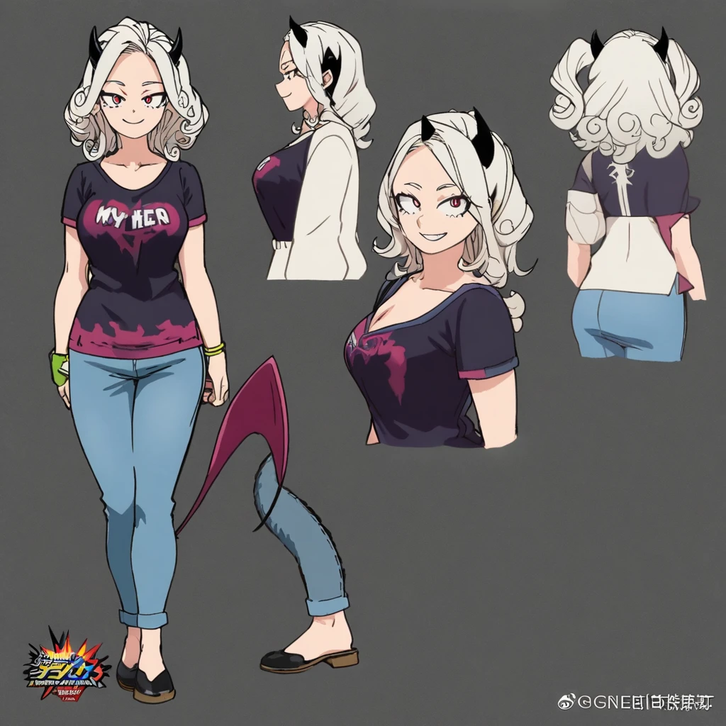 1girl, woman, busty, my hero academia, boku no hero, silver hair, red eyes, short hair, curly hair, soft hair, cute, beautiful, reference sheet, concept art, wearing casual clothing, no background, average height, smile, smiling big, adult, full body, succubus demon, long and black spaded tail, short black horns