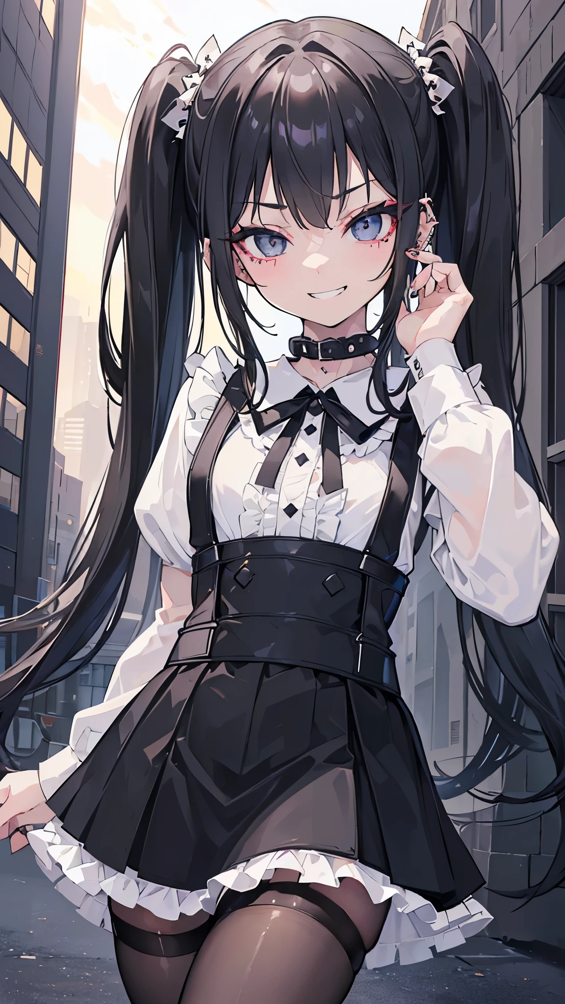 (8k、best image quality、highest quality、masterpiece)、detailed face、1 girl、black hair、((twin tails))、gray eyes、earrings、evil smile、grin、mask_Pull、Moderate chest、((pink clothes))、frills、black ribbon、black mini skirt、frills、jirai kei attire、cowboy shot、Are standing, crowd,night downtown background、Low - Angle,light blue pants、((light blue lace panties))、light blue panties、
