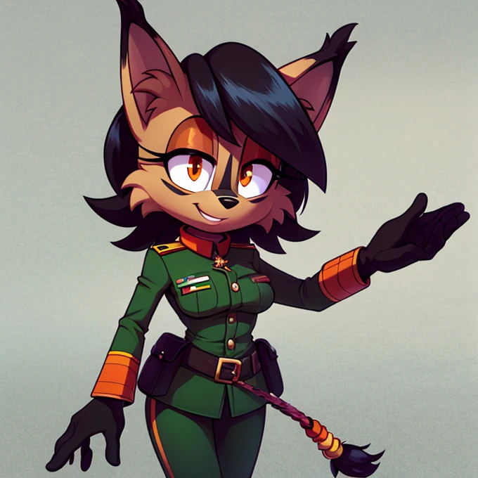 (check_9, check_8_up, 2D), sound (series), anthropomorphic lynx girl, female, athletic body, red волосы, Fluffy hair, grey wool, {{white muzzle}}, bang, orange eyes, orange eyeshadow, oval eyes, medium breasts, military uniform, Military pants, orange flower wreath, spiked collar, smile.