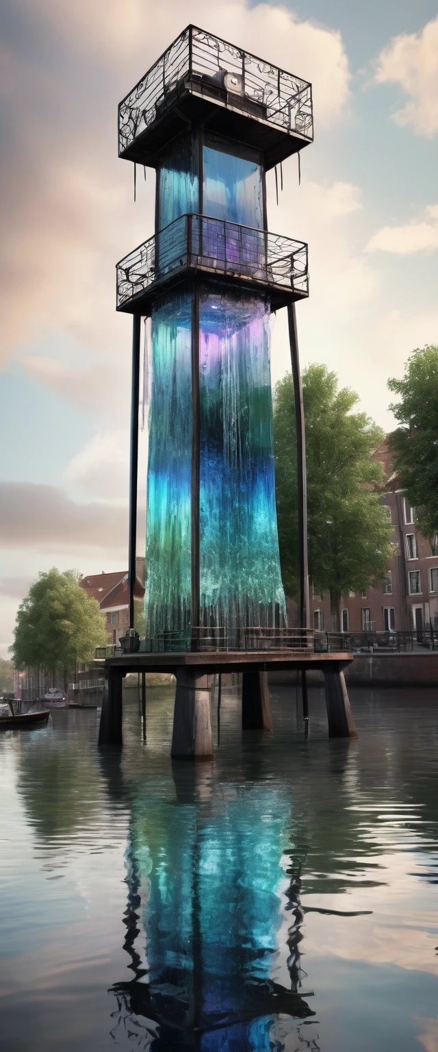 conceptual installation fantasy art, It is powered by an old retro gear mechanism that pumps water from the canal and drops it like a waterfall from the top of the tower, iridescent effects, BREAK delicate and dynamic textures, contrasts of light and shadow, 2.5D, artistic photography, hyper realistic, digital graphic CG, BREAK ultra detailed, absolutely resolution, best quality