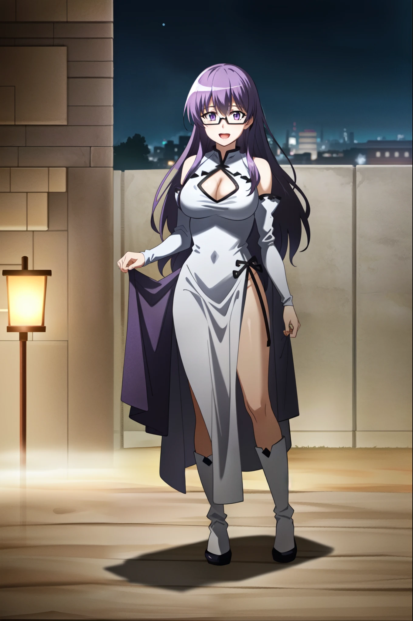 (extremely detailed CG unity 4k wallpaper),(masterpiece),(best quality),(ultra-detailed),(best illustration),(best shadow),(absurdres),(detailed background), Sheele, 1girl, solo, purple hair, purple eyes, glasses long hair, cleavage cutout, clothing cutout, bare shoulders, chinese clothes, open mouth, smile, full body, outdoors, night