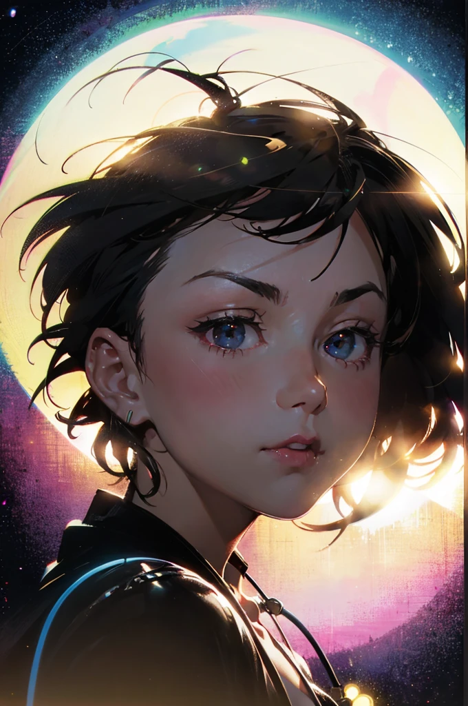 anime illustration, ((((highest quality)))), (((Ultra-precision CG 16K))), (((masterpiece))), BREAK skinny body, slender waist, medium Breasts, (((perky breasts))), ((sagging breasts)), (covered nipples),  (((tanned skin, tan lines))) , BREAK (written in detail of face, smiling, blush, determined expression, sweaty , Heavy breathing, embarrassed, ) , (natural make), BREAK narrow eyes, (streaked hair, hair intakes, colored inner hair, ) BREAK (((wearing printed oversized clothing , wearing wide-leg-pants, breasts is covered by outfit, (detailed panty), Narrow aisles,))) , wearing earrings , BREAK ( stick breast out,) BREAK  (( ripples , horizon , under the cosmic sky on the cosmic sea , cosmic effects, a girl blended into the background)), (((close-up of face, bust-up shot, looking at viewer, ))), BREAK ((cinematic , ((Distant view, Panorama)), looking at viewer, )) , pinup magazine pose, dancing 