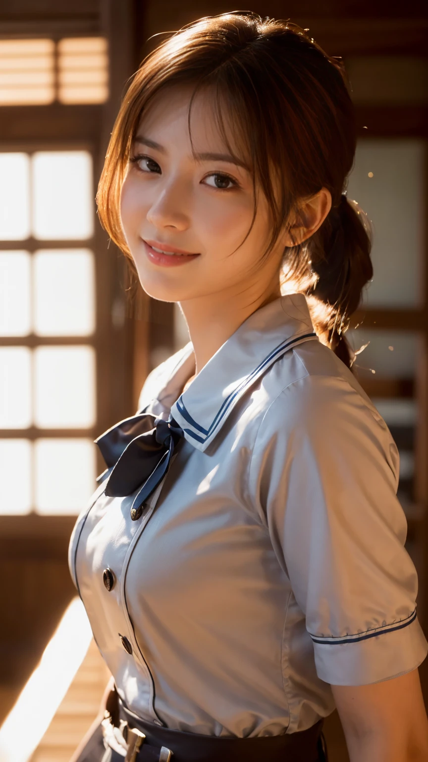 (highest quality,masterpiece:1.3,ultra high resolution),(Super detailed,caustics,8k),(photorealistic:1.4,RAW shooting),1 girl,(smile and look down at the camera),(front shot:1.1),(face forward),1,cute,Japanese,black short ponytail,school uniform,glamorous,(big boobs),( close up),(breast focus),street,sunshine,Natural light,(Backlight),(A bright light shines from behind),(Lens flare),professional writing,(cowboy shot),(low position:1.3),(Low - Angle:1.3)