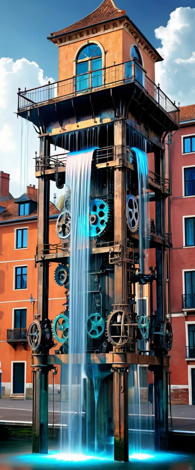 conceptual installation fantasy art, It is powered by an old retro gear mechanism that pumps water from the canal and drops it like a waterfall from the top of the tower, iridescent effects, BREAK delicate and dynamic textures, contrasts of light and shadow, 2.5D, artistic photography, hyper realistic, digital graphic CG, BREAK ultra detailed, absolutely resolution, best quality