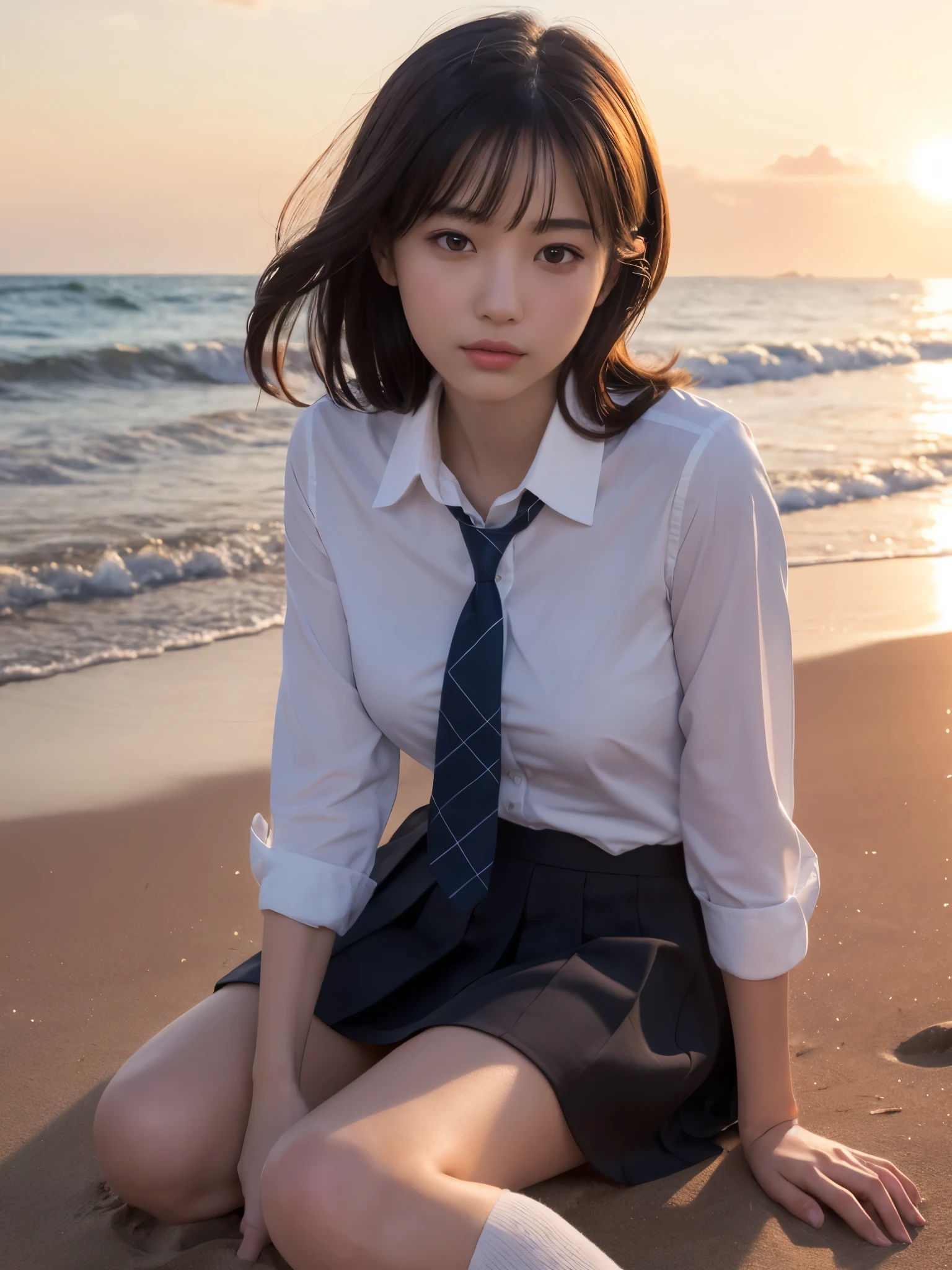 closeup , From below, top quality, masterpiece, 16 K, Photorealistic, Concept art, Beautiful cool girl squatting on the beach , Beautiful face, Beautiful medium bob hair in light brown, beautiful light brown eyes, Plump breasts, look at viewr, blush, High School Uniform, White blouse, pleatedskirt, Black socks, Sunset Sea Shore, Orange sky, Beautiful clouds,