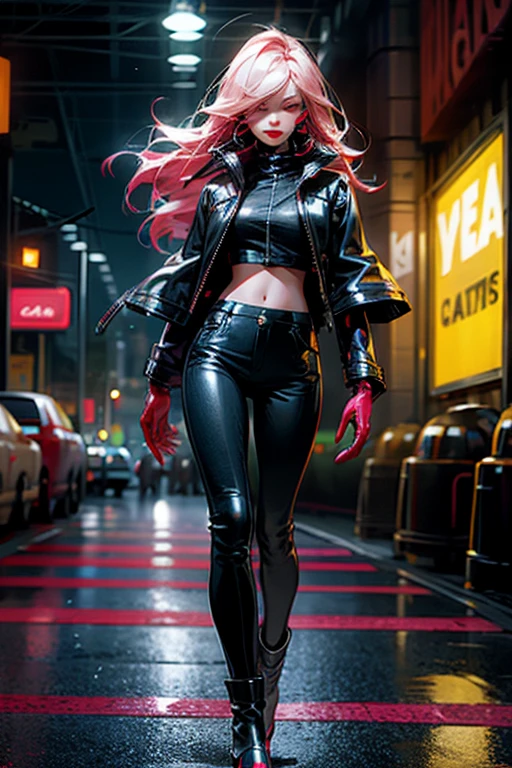 beautiful girl, ((chin: 1.4)), (confident gaze: 1.1), full body, long bright neon streaked red hair, ((realistic, highly detailed eyes: 1.4)), ((seductive pose : 1.2)), (full breasts: 1.2) black eyeshadow , (street style wear: 1.2), ((skinny leather red pants)), ((knee-high leather red boots)), ((dark, dead futuristic city street background: 1,4)), dark makeup, digital art, trendy artstation, highly detailed, fine details, intricate, detailed facial features, sharp focus, smooth, aesthetic