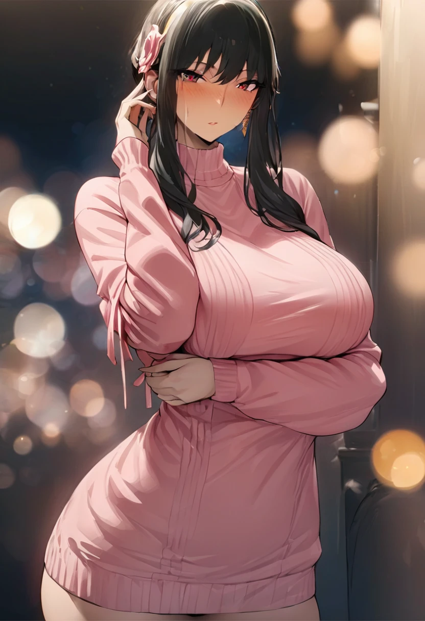 (breathtaking mature beauty,intellectual and elegant,luminous pink sweater,black hair,(best quality,masterpiece:1.2),full-length shot,perfect figure，ultra-clear,exquisite facial features,ultra-detailed,bokeh)