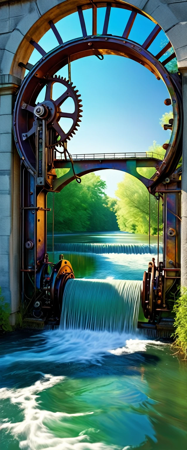 conceptual installation fantasy art, opening and closing of floodgates driven by an old retro gear mechanism, waterway, iridescent effects, BREAK delicate and dynamic textures, contrasts of light and shadow, 2.5D, artistic photography, hyper realistic, digital graphic CG, BREAK ultra detailed, absolutely resolution, best quality