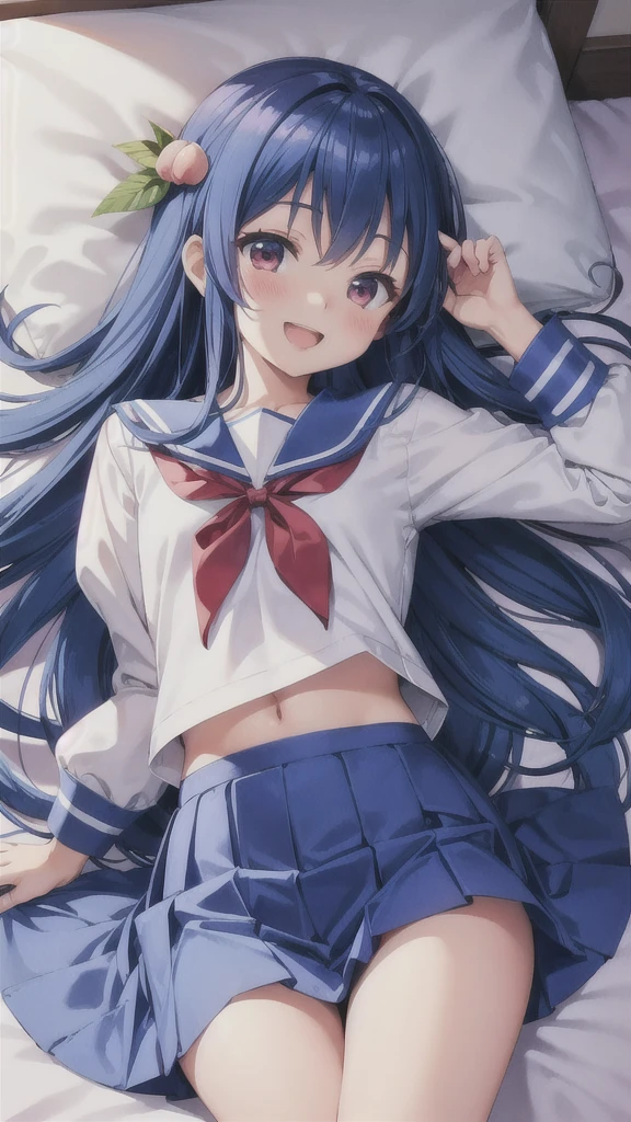 Beautiful illustration、top-quality、Cute little girl s、Bedroom、A blue-haired、length hair、(((blue pleated skirt)))、(((blue sailor suit)))、shortsleeves、Colossal tits、a navel、Flipping up the skirt with your hands、Show white panties、Pull up your skirt and show your panties、bare-legged、red eyess、on the beds、lovely thighs、glowing thigh、floating hair、wind、skirt lift by myself、naughty face
