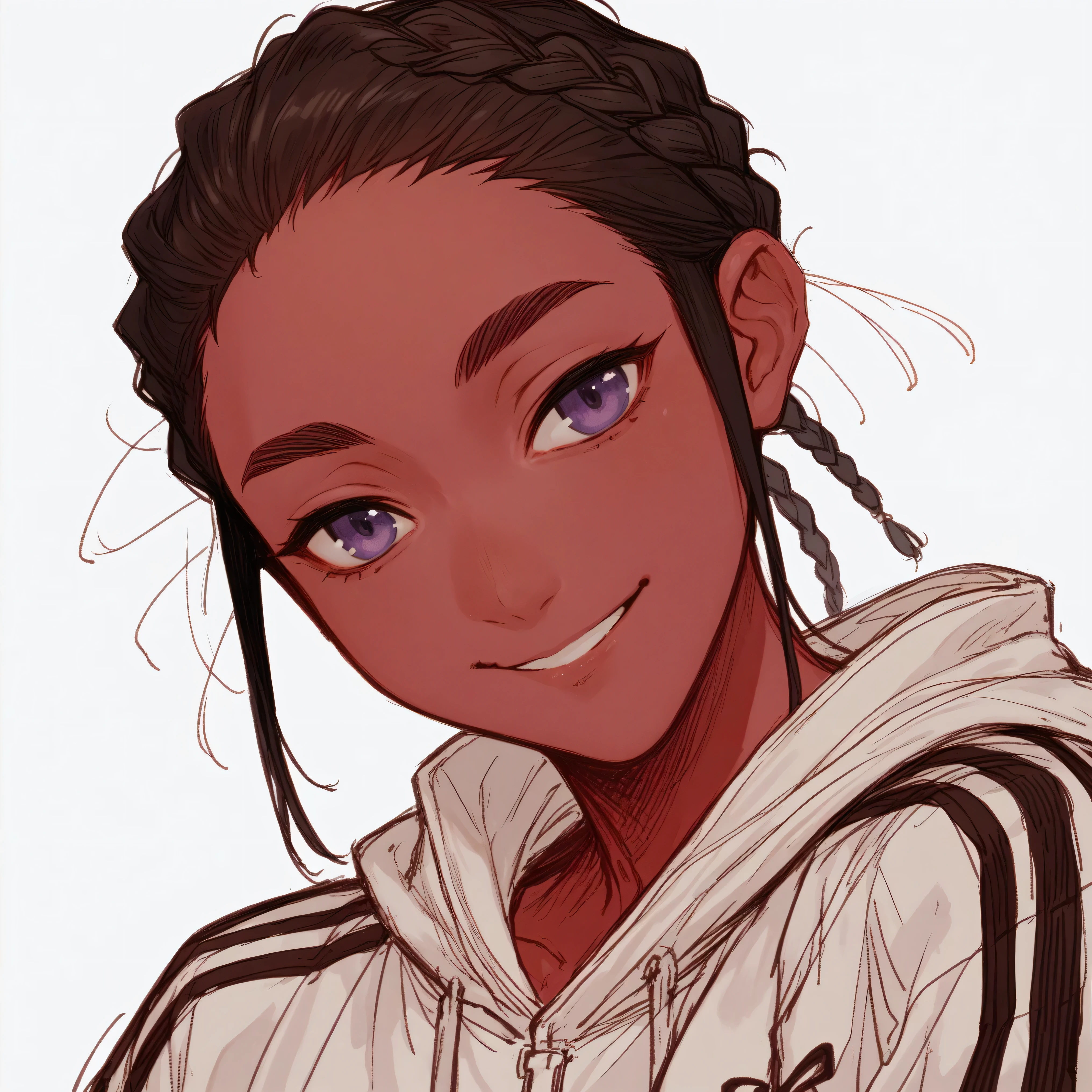 Yukinobu Tatsu style, young woman with red skin, black hair cut in a braided bob, African braid, and purple eyes, streetwear clothing. close-up of the face, smile , sketch