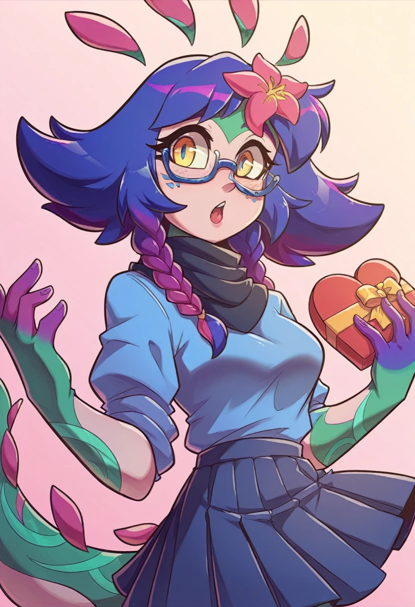 Neeko, (masterpiece, The best quality), 1 girl,   defSaki, Blue eyes, twin braids, hair over the shoulders, glasses, blue shirt, seraph, neck scarf, mangas largas, pleated skirt love, valentine