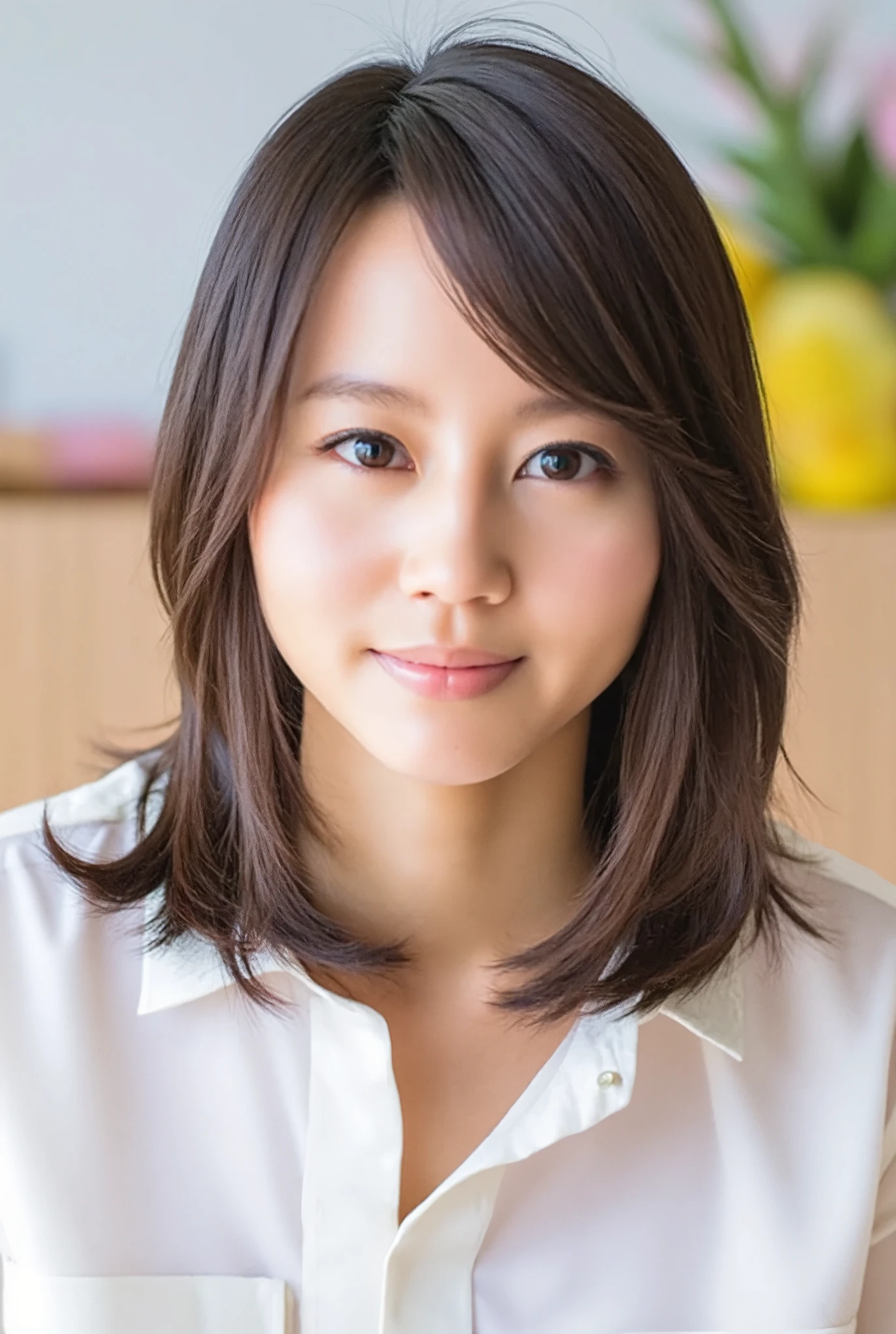 smile, (Best Quality:1.5), (Skin texture and pores:1.7), Sharp focus captures the entire face、Creates natural shadows on the cheeks and forehead, (HDR:1.4), Pores and fine skin details are realistically depicted.、Lighting enhances skin texture (Skin Detail:1.8), The lips have a slight sheen、The natural pink color creates an elegant reflection of light., The hair is realistically expressed.、The background is blurred, giving it a luxurious feel with studio lighting. (Background Blur:1.3)