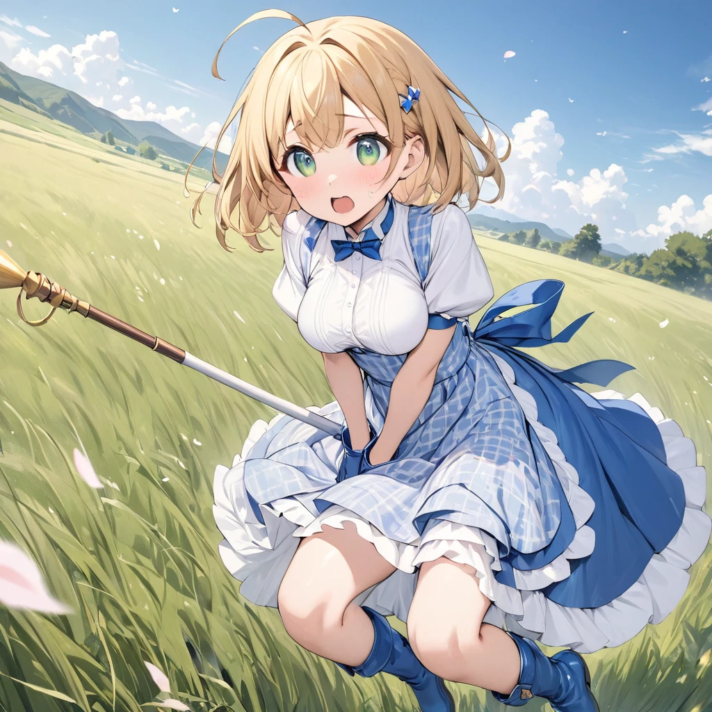 masterpiece, Best Quality, High resolution, Sakura Kinomoto, One Girl, Golden Hair, short hair, Antenna Hair, Ahoge, Crown, Green Eyes, Blue rubber dress, Puff sleeves, Blue rubber long gloves,White border,Circular skirt,Star-shaped skirt,White panniers,Retention Staff, Open your mouth, Cowboy Shot, blue sky,Gold border,White pattern on dress,Bright,Shiny material,Blue patent leather cuffed boots,Jumping,Displeased,High angle,grassland,White piping