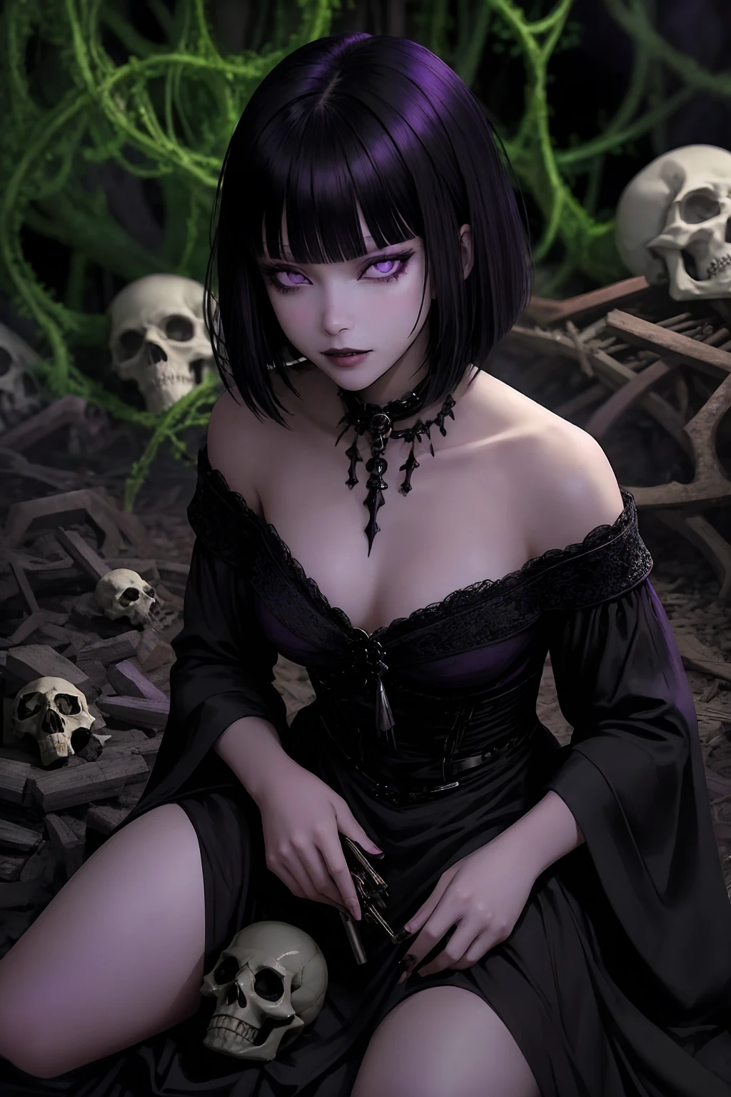 woman 30 years old, witchcraft, magician,magic clothes, where poison potions and vines abound, a woman (hutless), short black hair (black hair), (bangs: 1.2), (purple eyes), looks at you amidst a pile of bones and skulls. Indifferent look , merciless. among the skulls, Angry face, dinamic poses, egoist smile, sitting on the ground